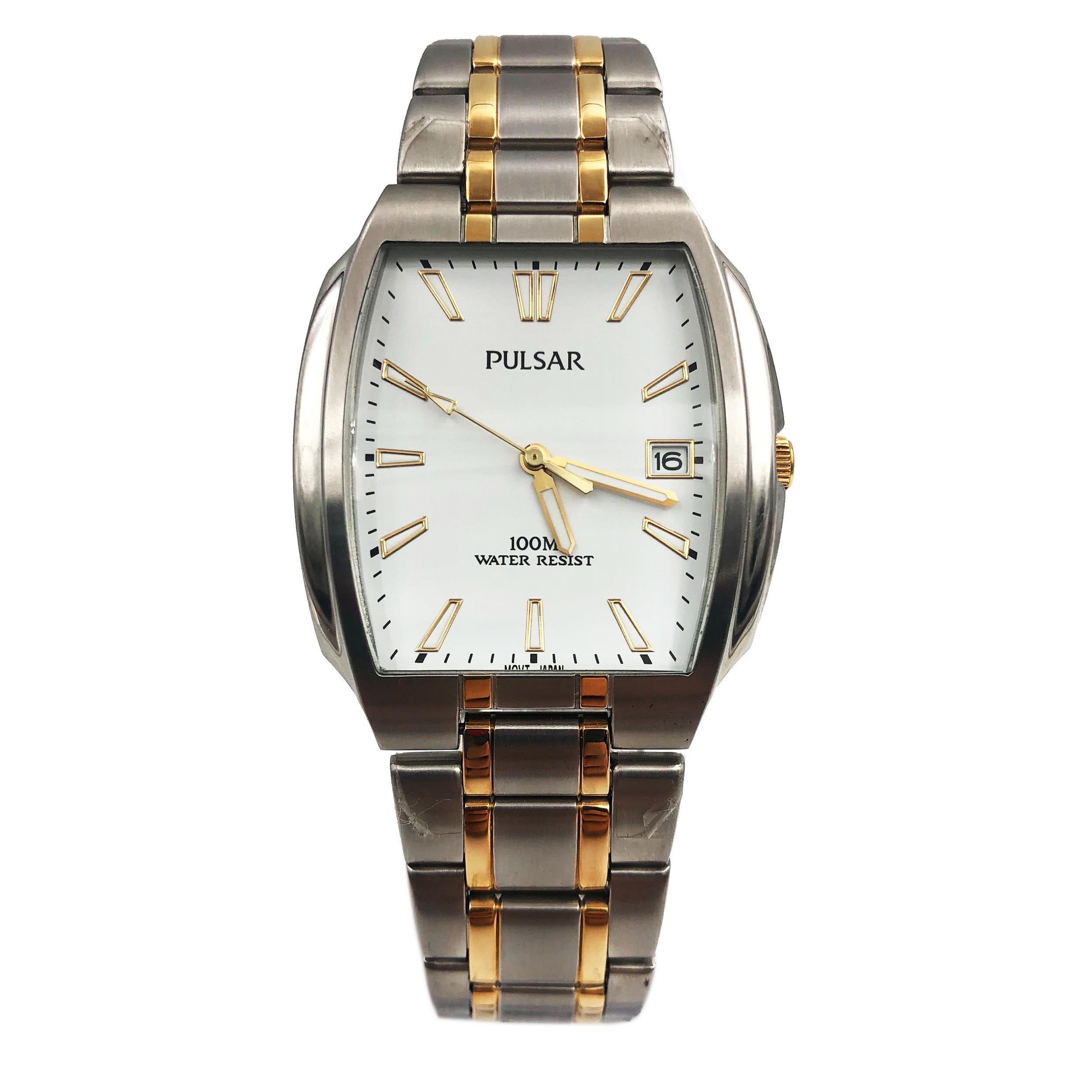 This New With Defects Pulsar  PXH406 is a beautiful men's timepiece that is powered by quartz (battery) movement which is cased in a stainless steel case. It has a round shape face, date indicator dial and has hand sticks style markers. It is
