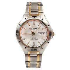 Pulsar Dress Day Date Two Tone Steel Silver Dial Quartz Mens Watch PXH097