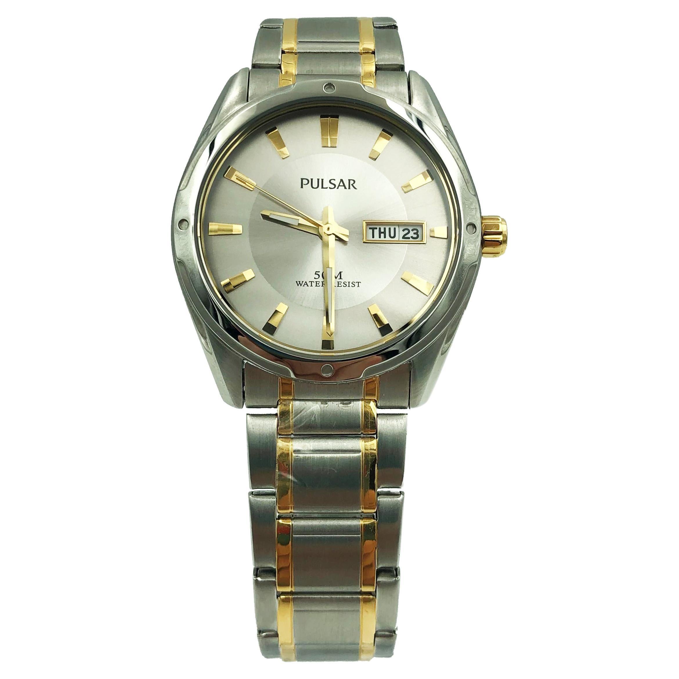 Pulsar Dress Day Date Two-Tone Steel Silver Dial Quartz Mens Watch PXN191 For Sale