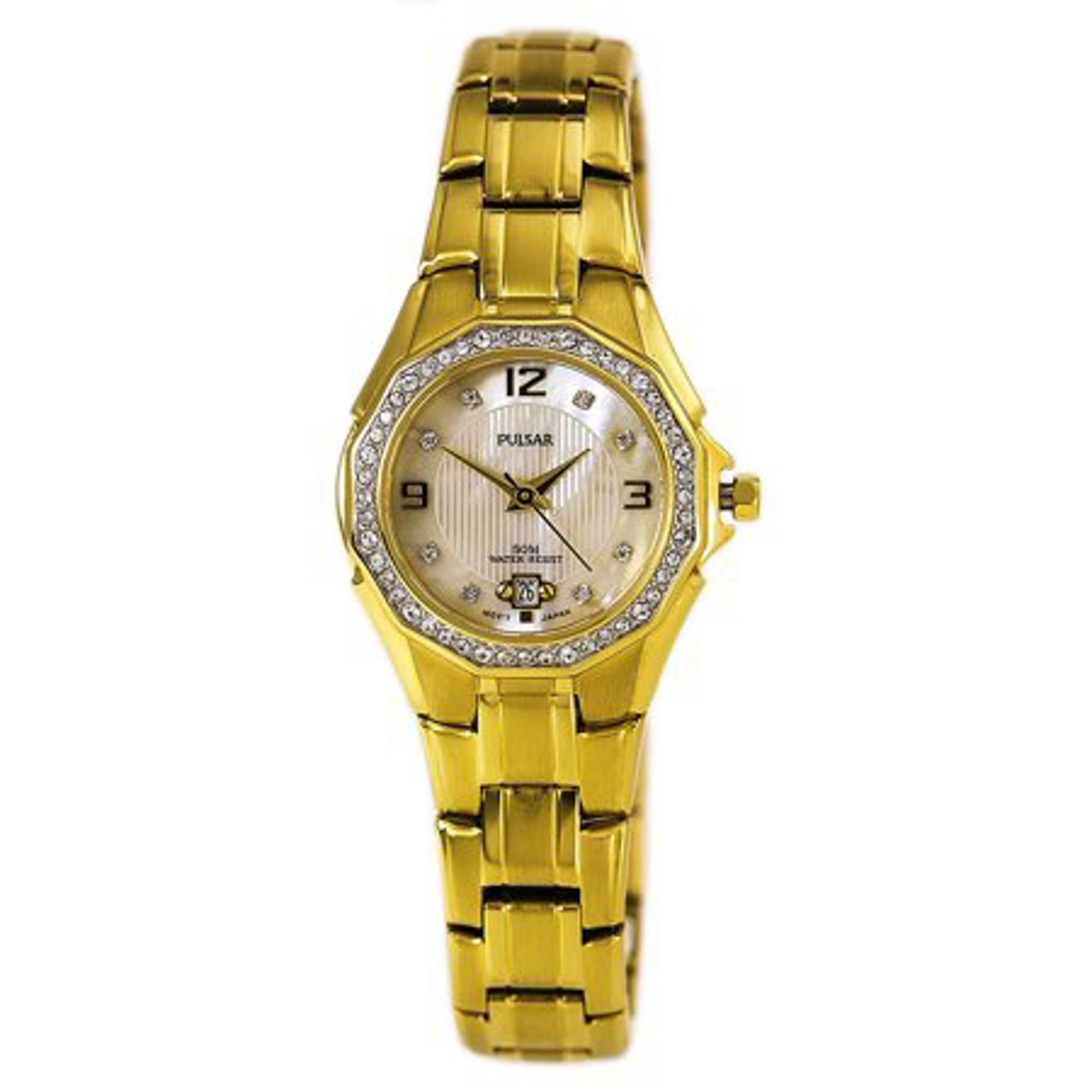 Pre-owned Pulsar Gold-Tone Stainless Steel Crystal MOP Dial Ladies Quartz Watch PXT800. The timepiece has a minor scratches and blemishes on the case and bracelet.  This Beautiful Timepiece is Powered By a Quartz (Battery) Movement and Features: