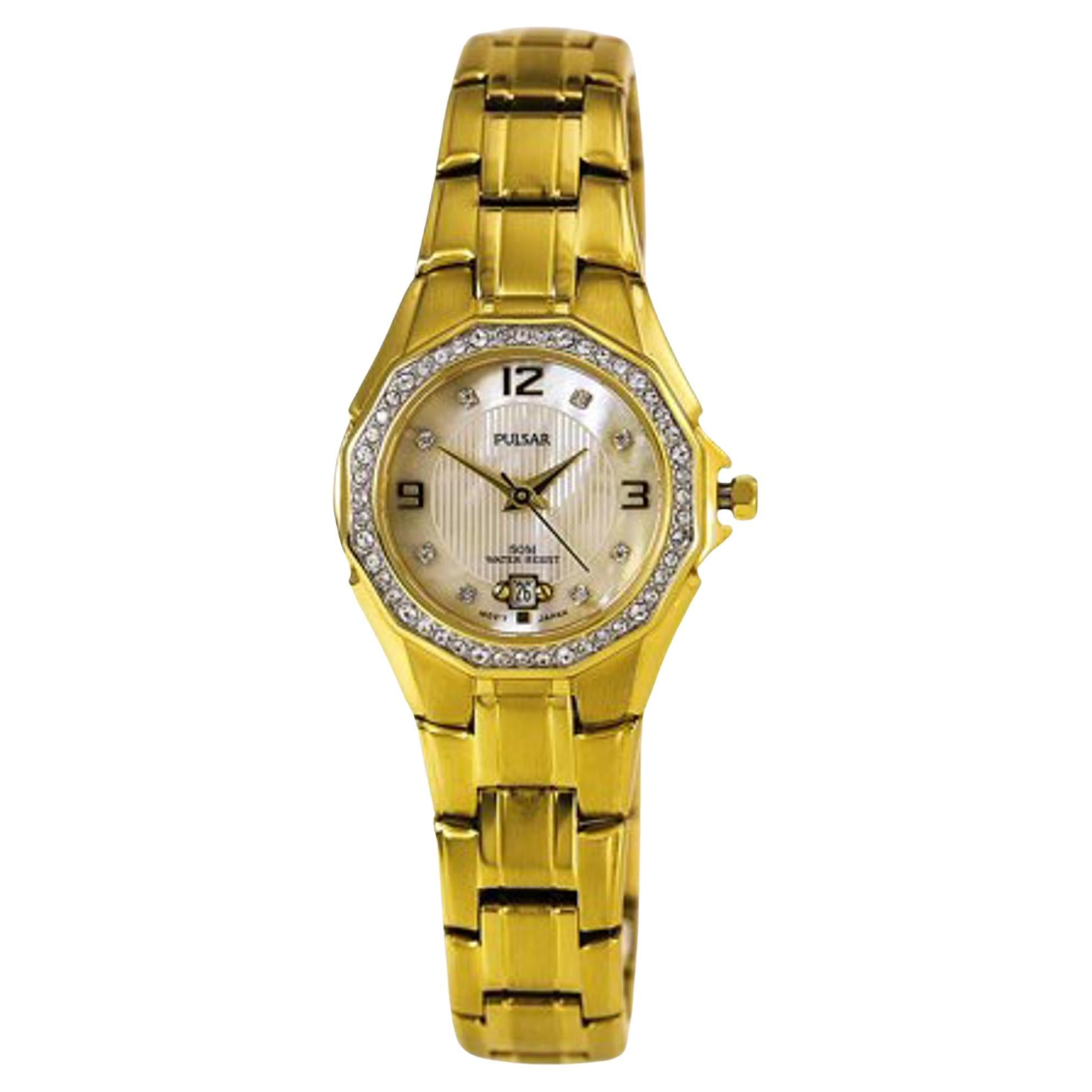 Pulsar Gold-Tone Stainless Steel Crystal MOP Dial Ladies Quartz Watch PXT800 For Sale