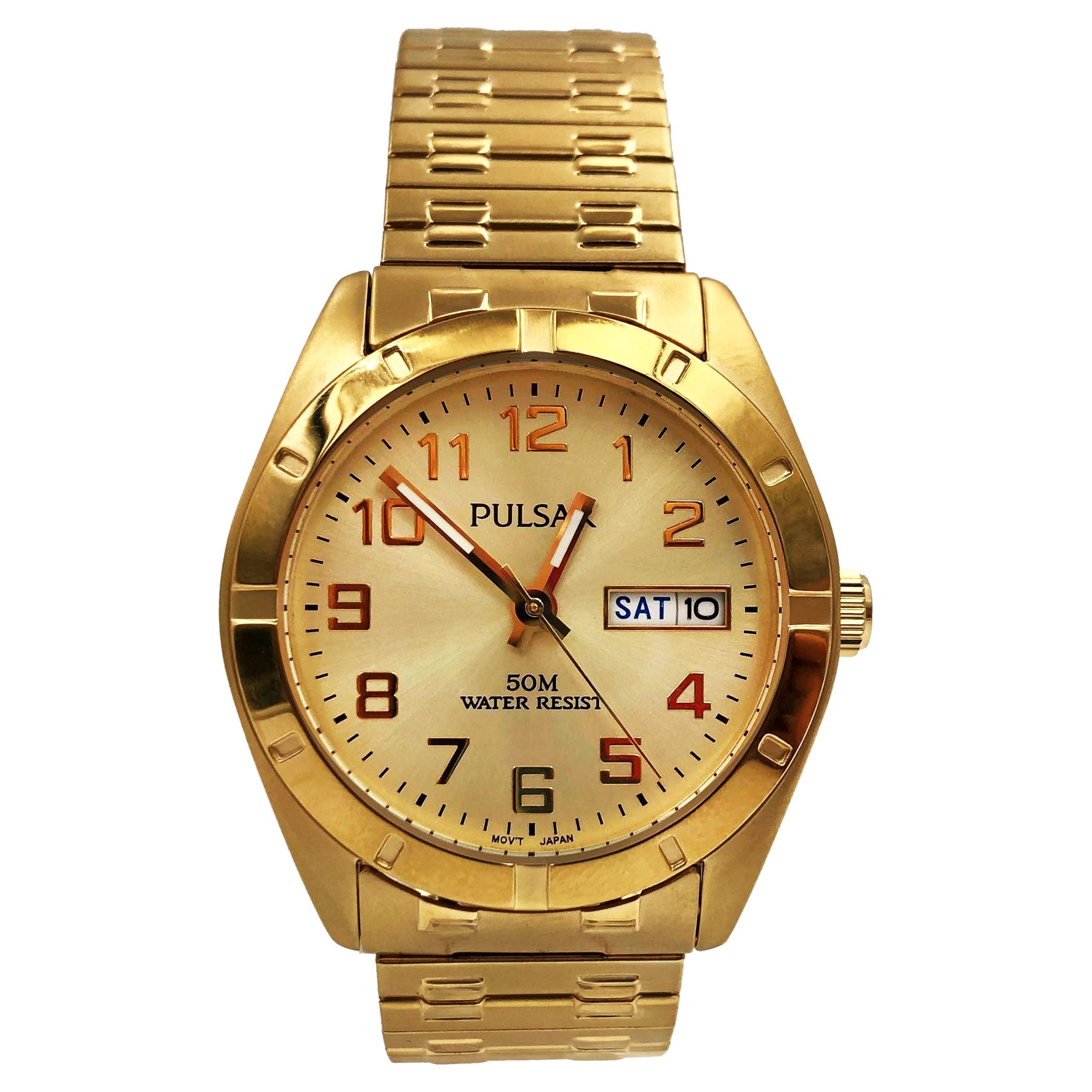 Pulsar Gold-Tone Steel Champagne Dial Expansion Bracelet Men Quartz Watch PXN150