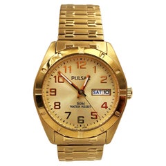 Used Pulsar Gold-Tone Steel Champagne Dial Expansion Bracelet Men Quartz Watch PXN150