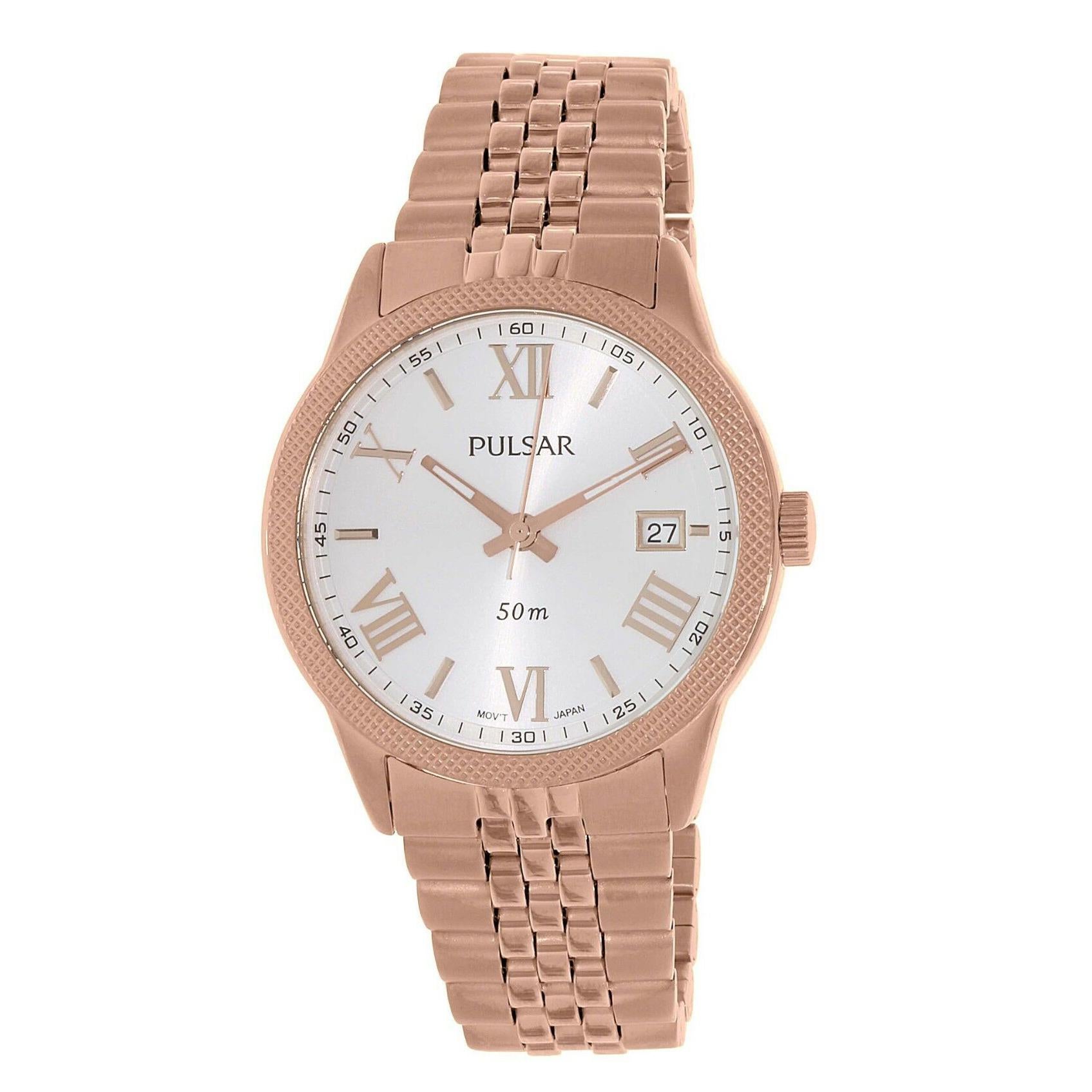 The timepiece has hairline scratches on the case and bracelet. Comes with original box.
Model Number PS9232
Brand Pulsar 
Department Women
Style Classic, Dress/Formal
Band Color Gold
Dial Color Silver
Case Color Gold
Display Analog
Dial Style Roman