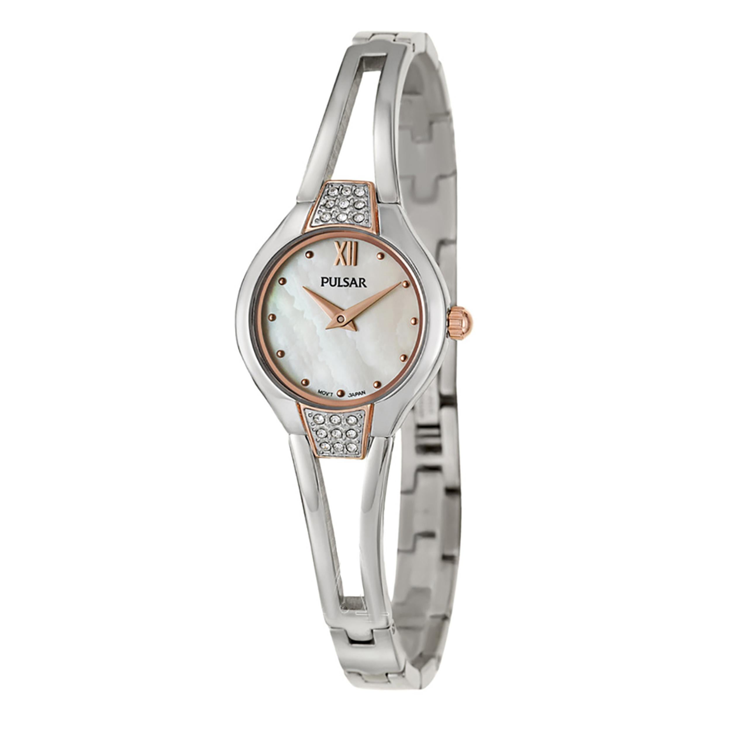 Pre-owned Pulsar Stainless Steel Crystal White MOP Dial Ladies Quartz Watch PTA502. The band of this watch has visible scratches, and  the case has hairline scratches. This Beautiful Timepiece Is Powered by a Quartz (Battery) Movement and Features: