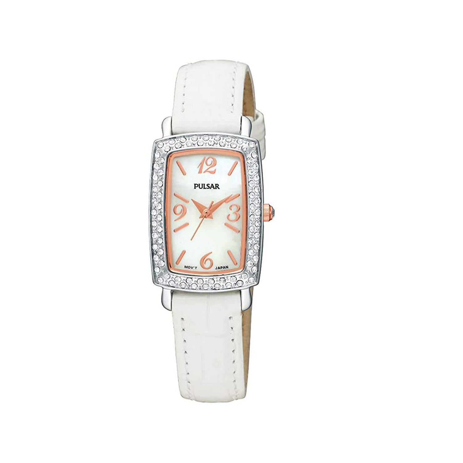 Pre-owned Pulsar Stainless Steel White MOP Dial White Leather Strap Ladies Watch PTC503. The case of this watch has has minor scratches and Nicks. The white Leather has Minor Stains. This Beautiful Timepiece Is Powered by a Quartz (Battery) Movement