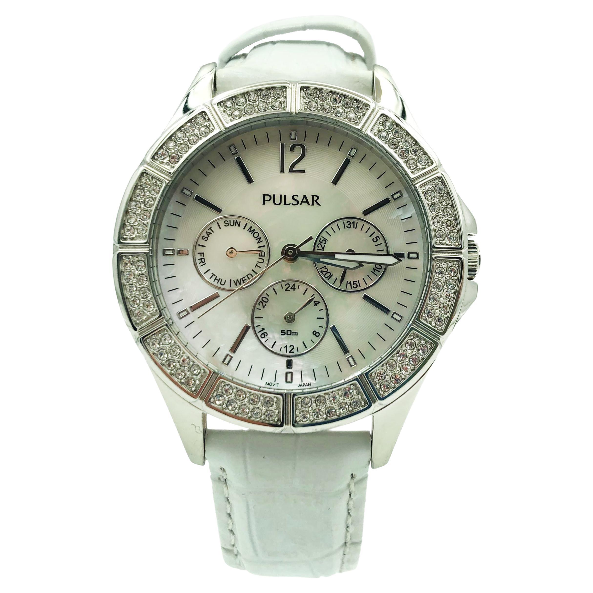Pulsar Steel Mother of Pearl Quartz White Leather Strap Ladies Watch V33J-X065