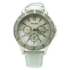 Pulsar Montre pour femme en acier, quartz, nacre, quartz et bracelet en cuir blanc V33J-X065