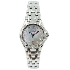 Pulsar Swarovski Crystal Steel MOP Dial Quartz Ladies Watch with Necklace PXT913