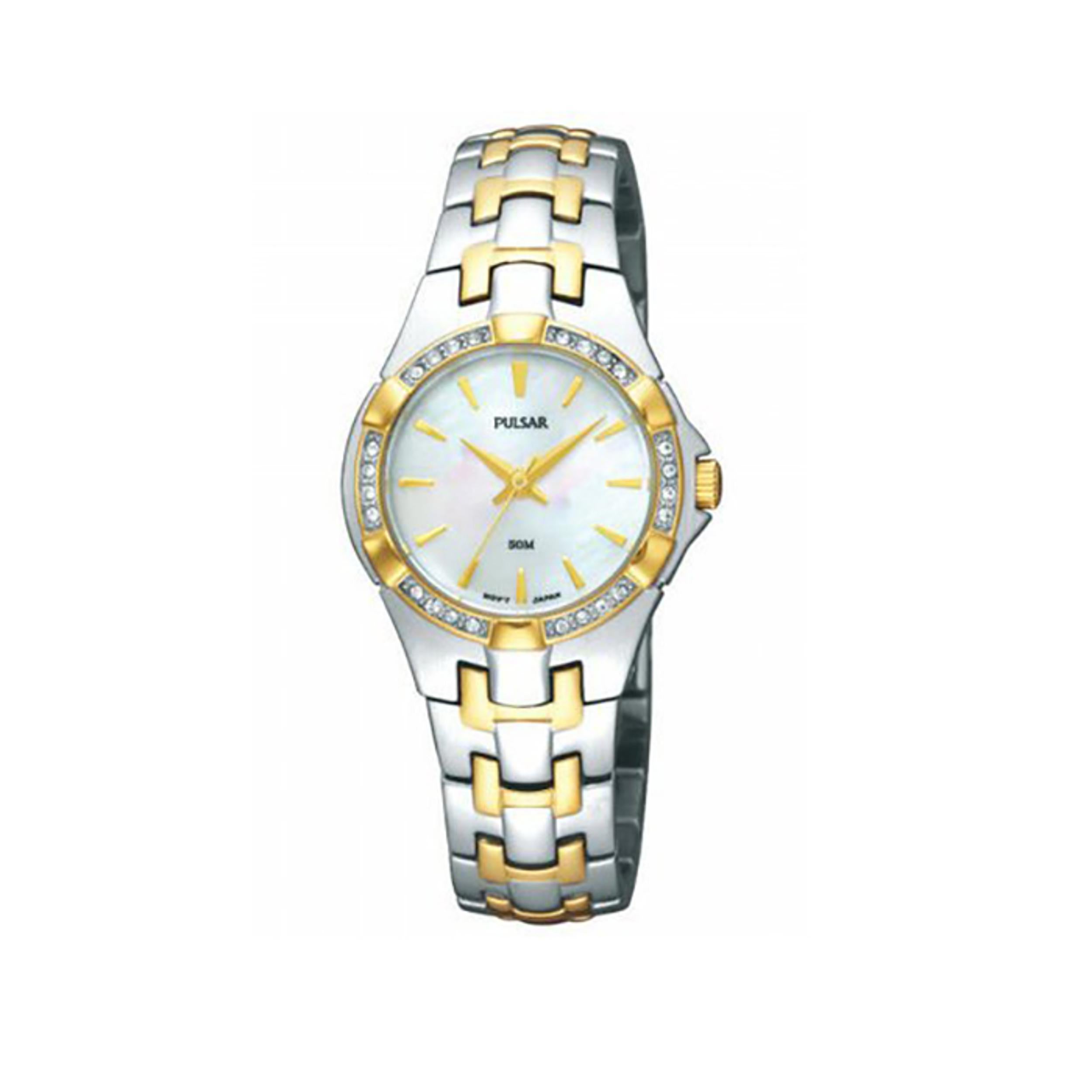Pre-owned Pulsar Two-Tone Stainless Steel Crystal MOP Dial Quartz Ladies Watch PTC536. Micro Scratches from handling. This Beautiful Timepiece is Powered By a Quartz (Battery) Movement and Features: Stainless Steel Case with a Two-Tone Bracelet,