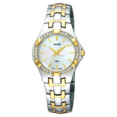 Pulsar Montre pour femme à quartz en acier inoxydable bicolore et cristal avec cadran MOP PTC536