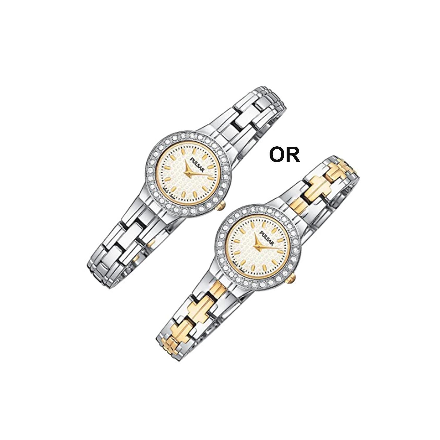 Pre-owned Pulsar Two Tone Stainless Steel White Sparkling Dial Quartz Women's Watch PEGC55. The Bracelet of this watch has Nicks, Scratches and Discoloration on Gold-Tone Parts. This Beautiful Timepiece is Powered By a Quartz (Battery) Movement and