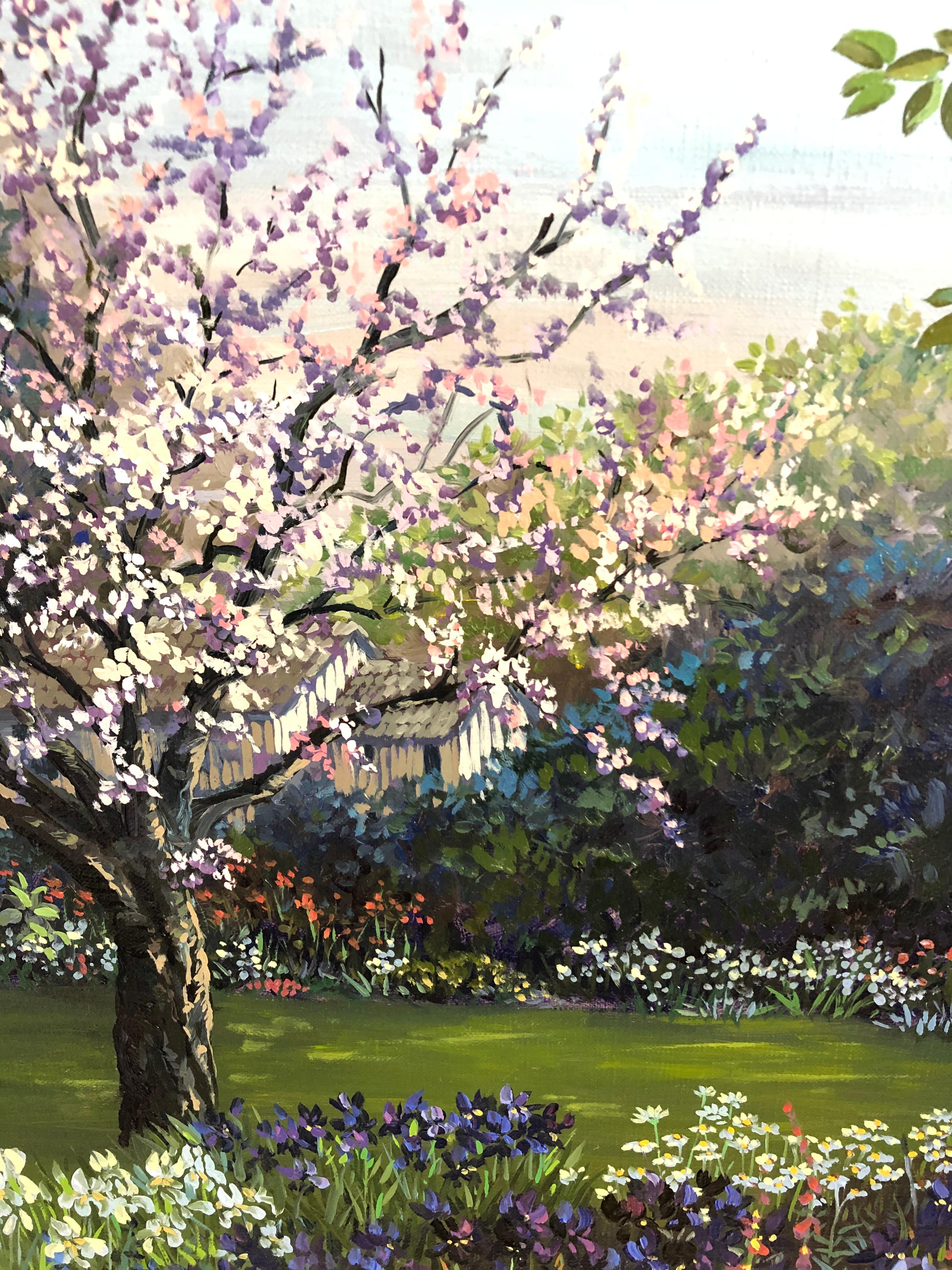 Beautifully painted by acclaimed artist John Powell in his signature lyrical realism style, Peachtree Cottage depicts a garden pulsating with life, precise, intricate and expressing the California artist's love of flowers and nature.
canvas 18 x