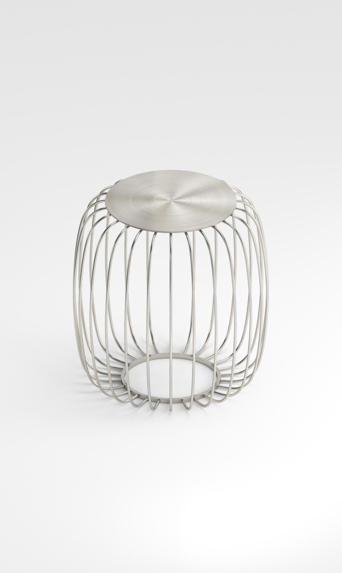 Featuring a cage of thin steel rods, Pumpkin is a multi-functional piece of furniture that serves as a coffee table, occasional table, or stool. Its design is inspired by the Ottoman kavuk, a traditional headwear worn by the pashas and viziers of