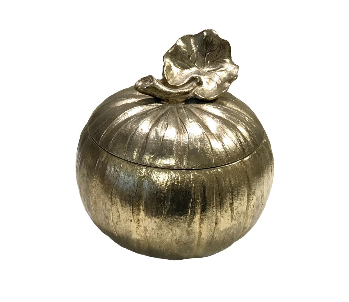 Pumpkin ice bucket designed by Mauro Manetti, circa 1970 . Outside is made of silver-plated cast aluminum with a golden patina and a white enameled metallic inner part. 

Not marked beneath the base but well-known model of ice bucket made by the