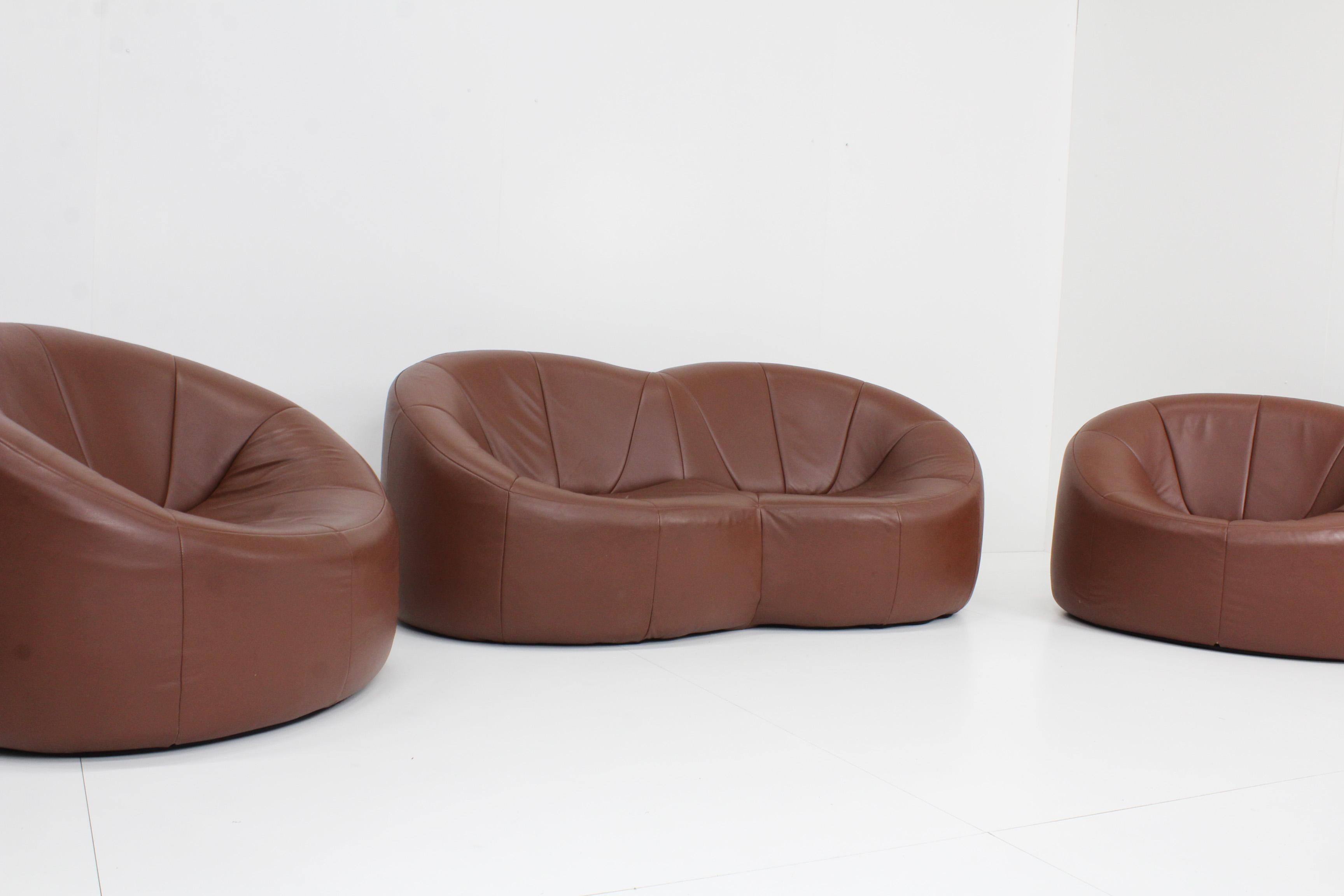 Ligne Roset Canapé 2 places Pumpkin conçu par Pierre Paulin pour Ligne Roset. Dans son cuir brun d'origine. Le cuir est en très bon état avec des traces d'utilisation conformes à l'âge, très minimes.