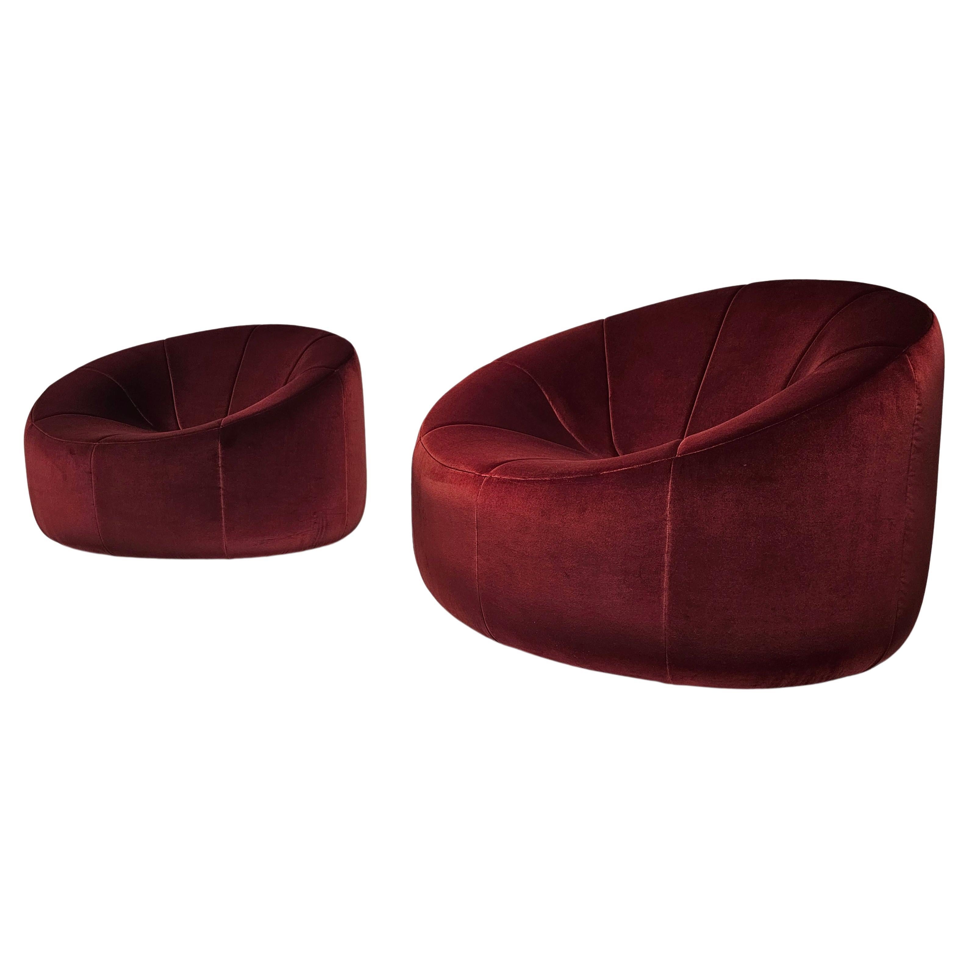 Pumpkin lounge chairs in red velvet by Pierre Paulin for Ligne Roset, France