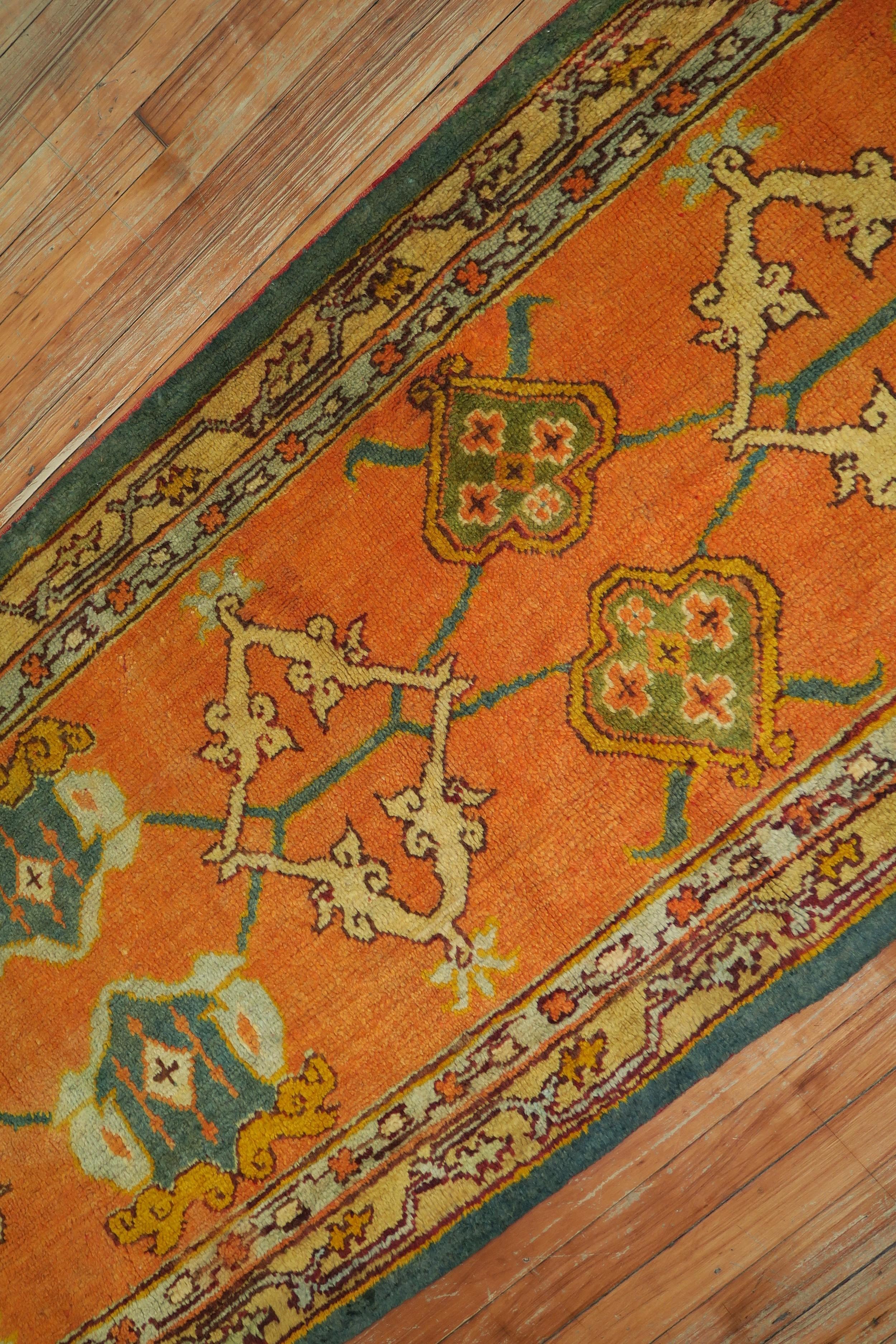 Pumpkin Orange Antique Oushak Runner In Excellent Condition For Sale In New York, NY
