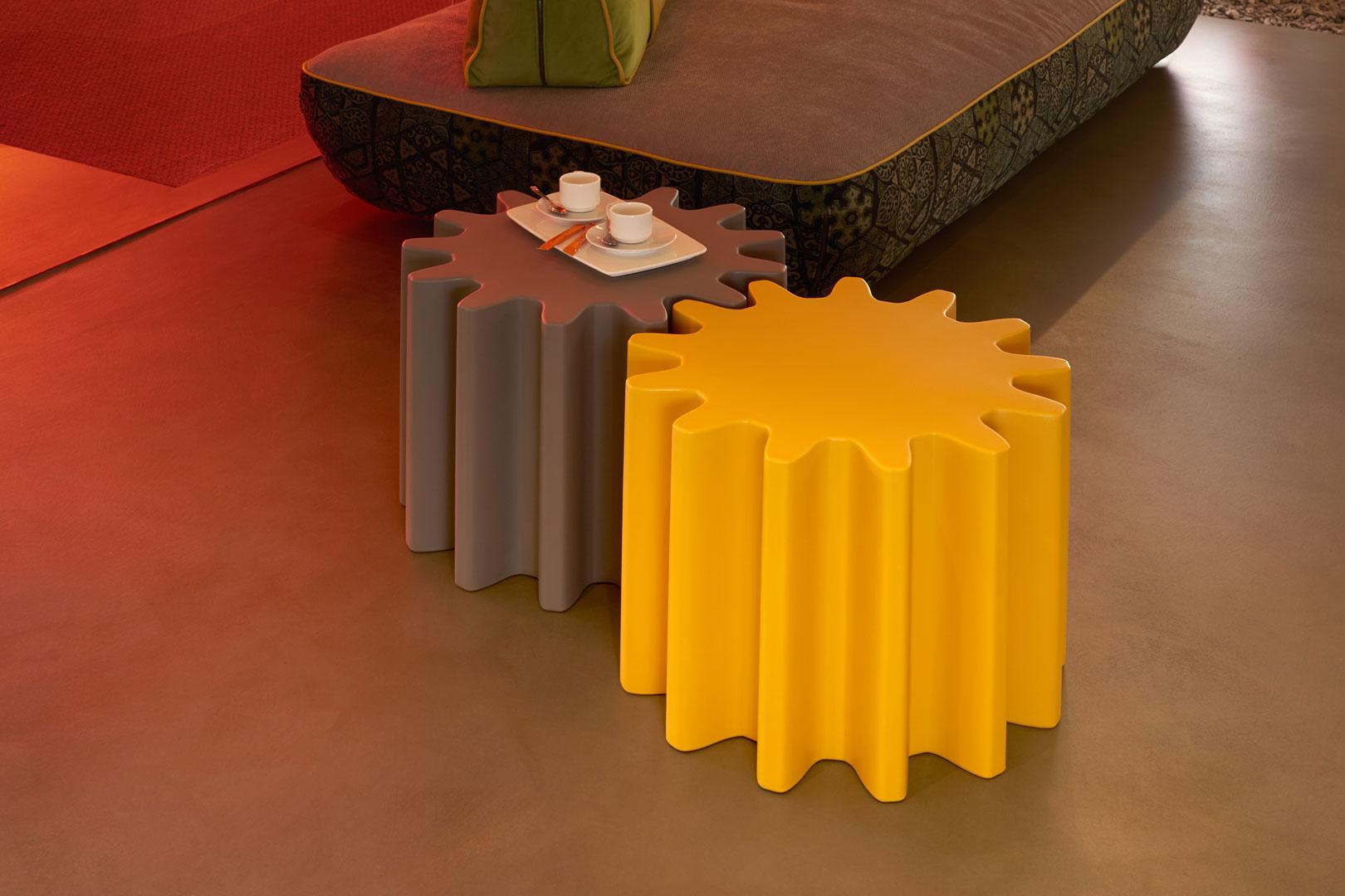 Pumpkin Orange Gear Stool by Anastasia Ivanyuk
Dimensions: D 55 x W 55 x H 43 cm. Seat Height: 43 cm.
Materials: Polyethylene.
Weight: 6 kg.

Available in different color options. This product is suitable for indoor and outdoor use. Available in