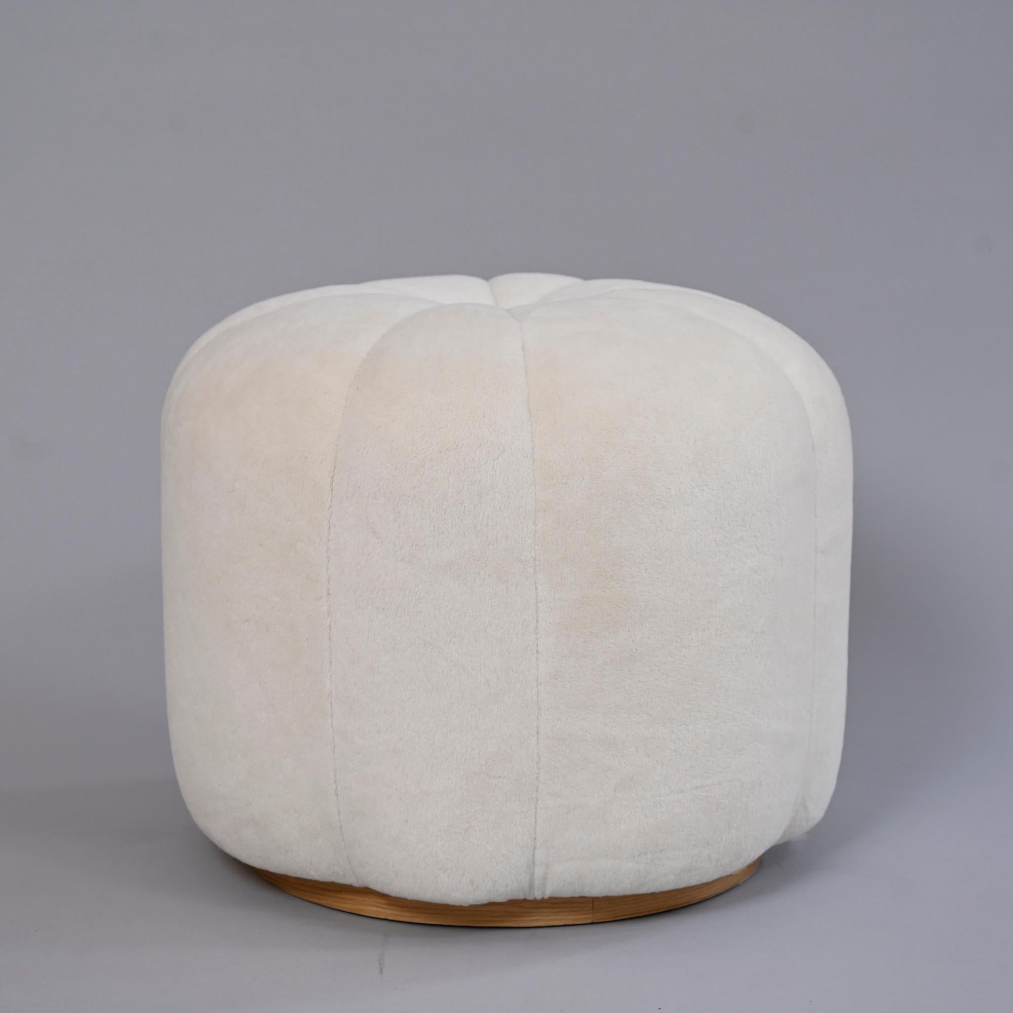 Handmade in England, UK.

Curved ottoman or pouffe, upholstered in a soft off white alpaca wool velvet.

Other fabrics /colour available on request.