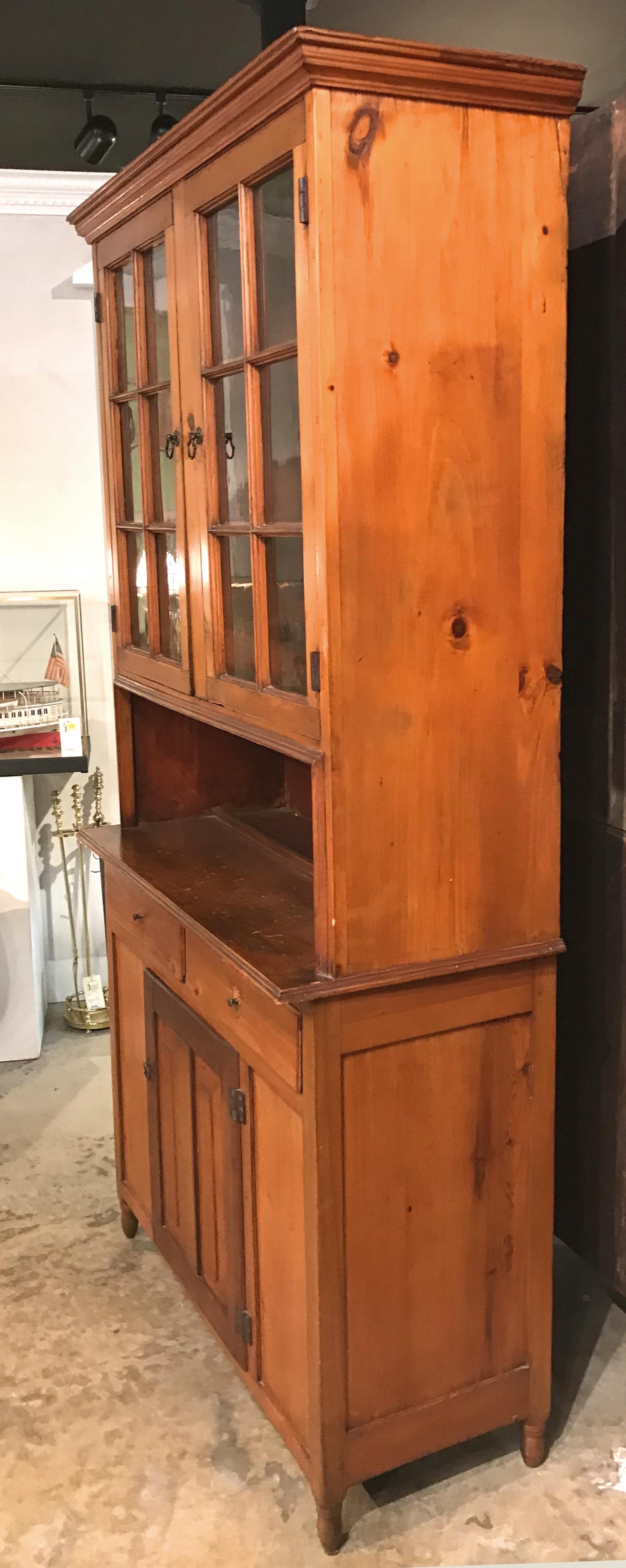 Pumpkin Pine TwoPart Country Cupboard with Glazed Doors, circa 1850 at