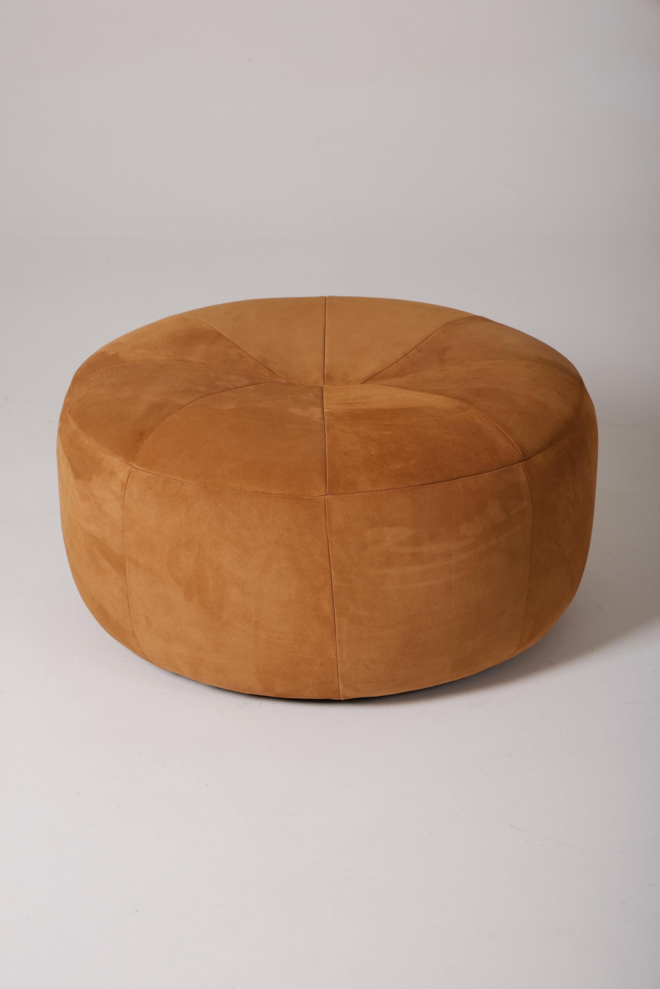 The iconic Pumpkin pouf by designer Pierre Paulin, produced by Ligne Roset in the 1970s. This pouf has been reupholstered in high-quality camel suede fabric. Originally, this model was created for the private apartments of Claude and Georges