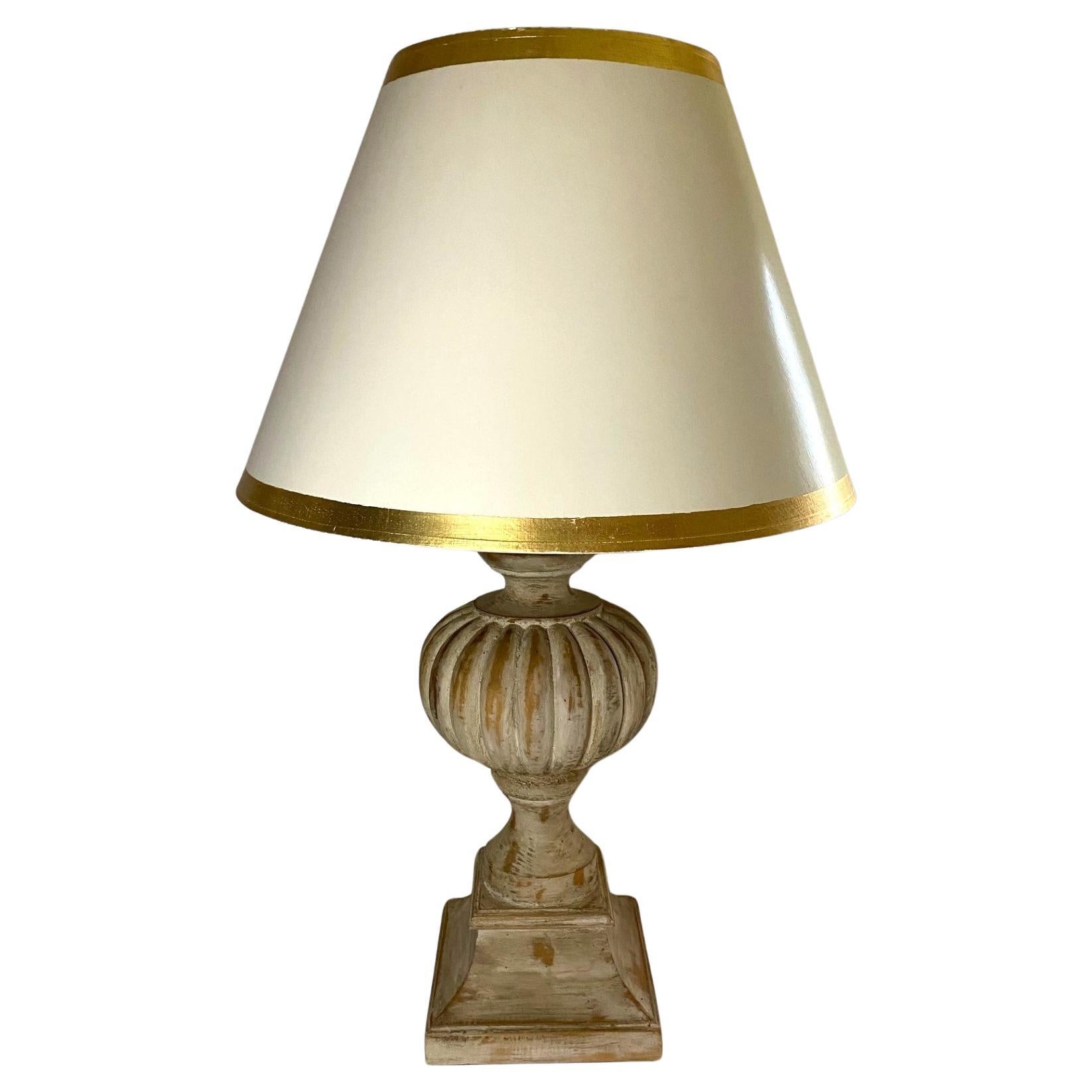 "Pumpkin" Table Lamp with Antique White Finish and Shade with Gilt Trim For Sale
