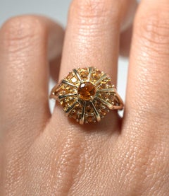 "Pumpkin" Yellow Orange Sapphire Cluster 9k Gold Bombe Dome Ring Size 6