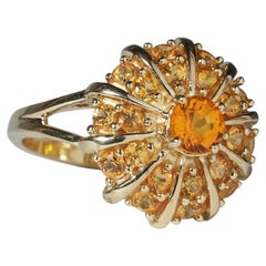 "Pumpkin" Yellow Orange Sapphire Cluster 9k Gold Bombe Dome Ring Size 6