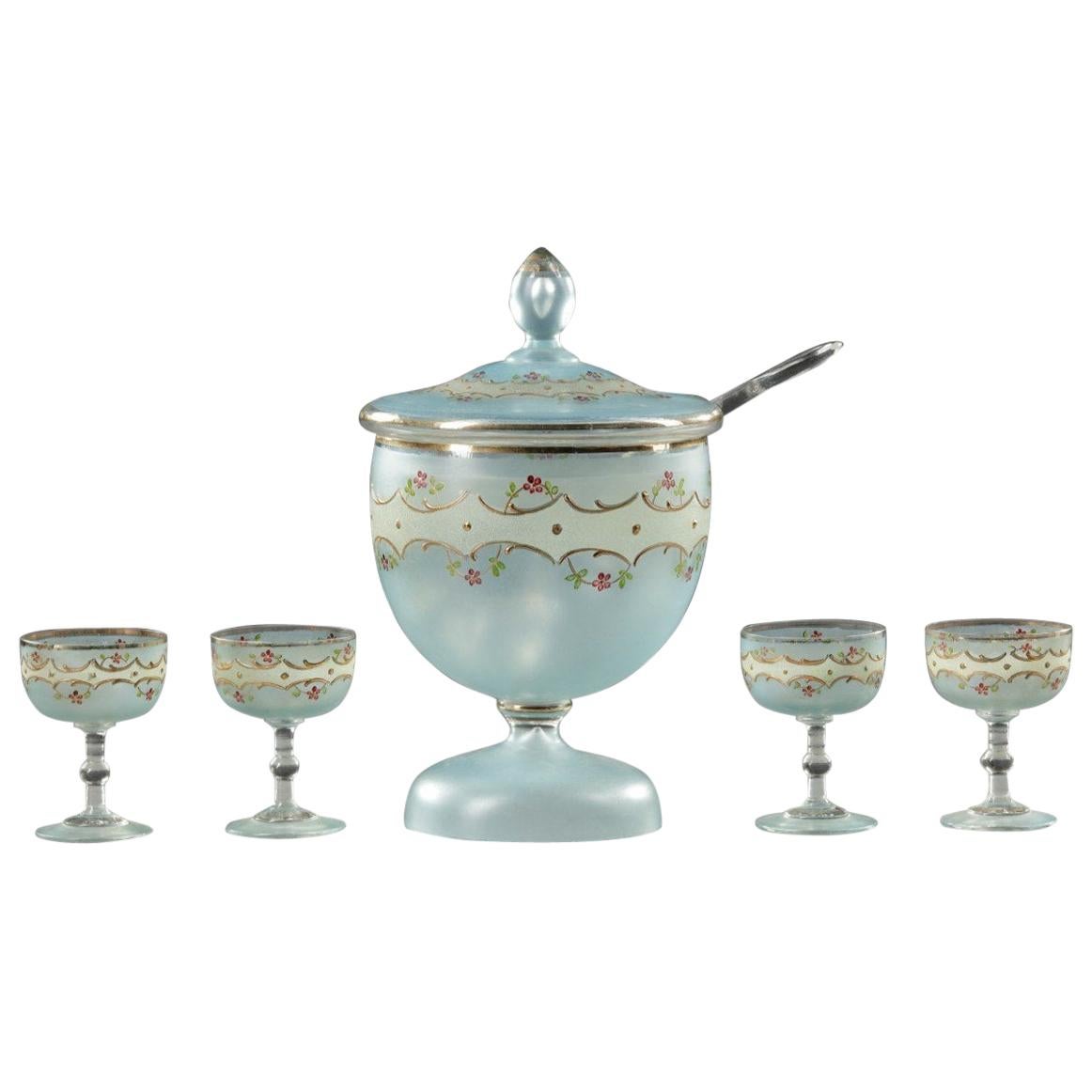 MidCentury Green Cut Glass Punch Bowl Set of 17 at 1stDibs green