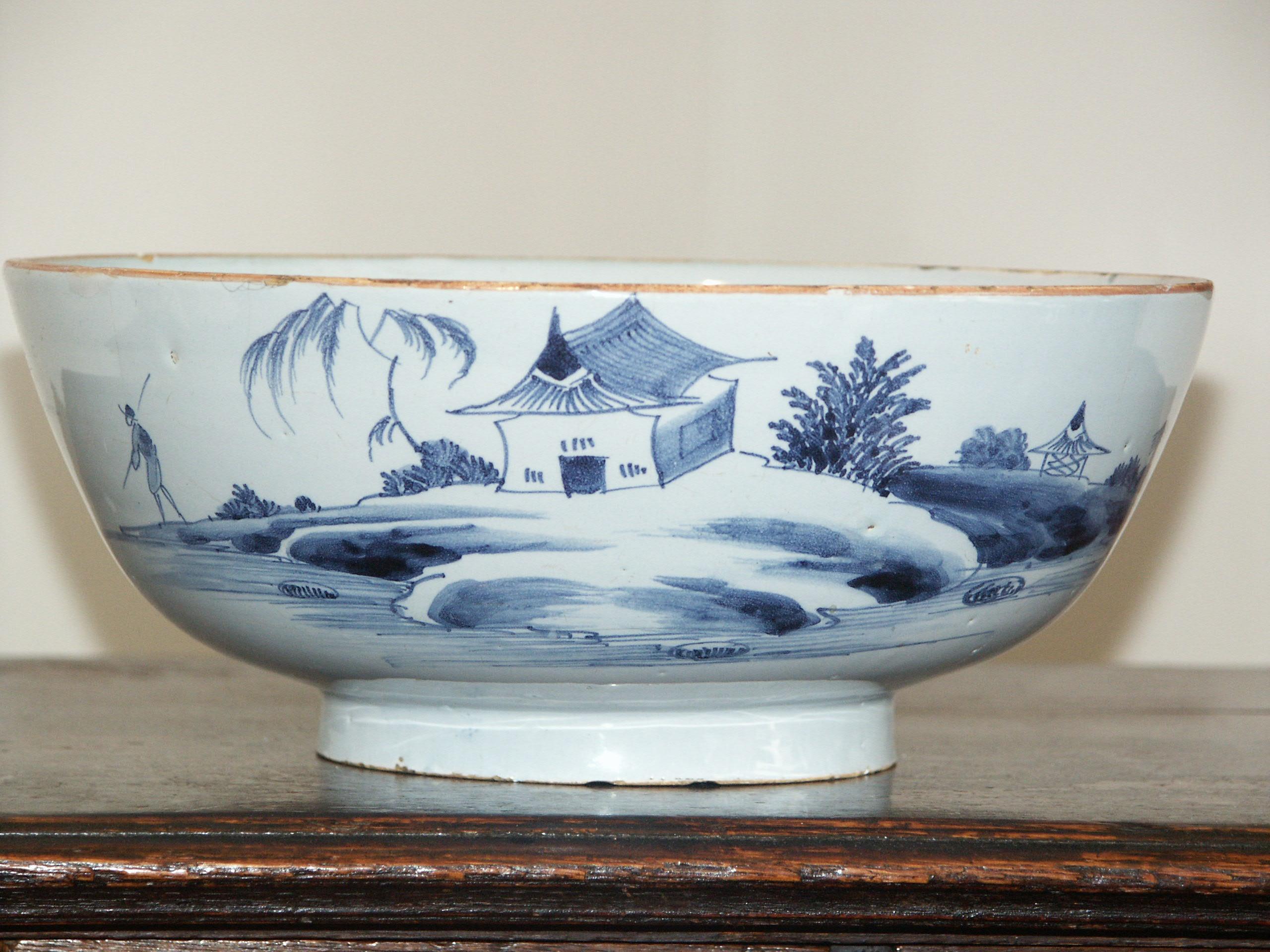 Hand-Painted Punch Bowl, Delft, 18 Century, English, Liverpool, Inscribed Success to Trade