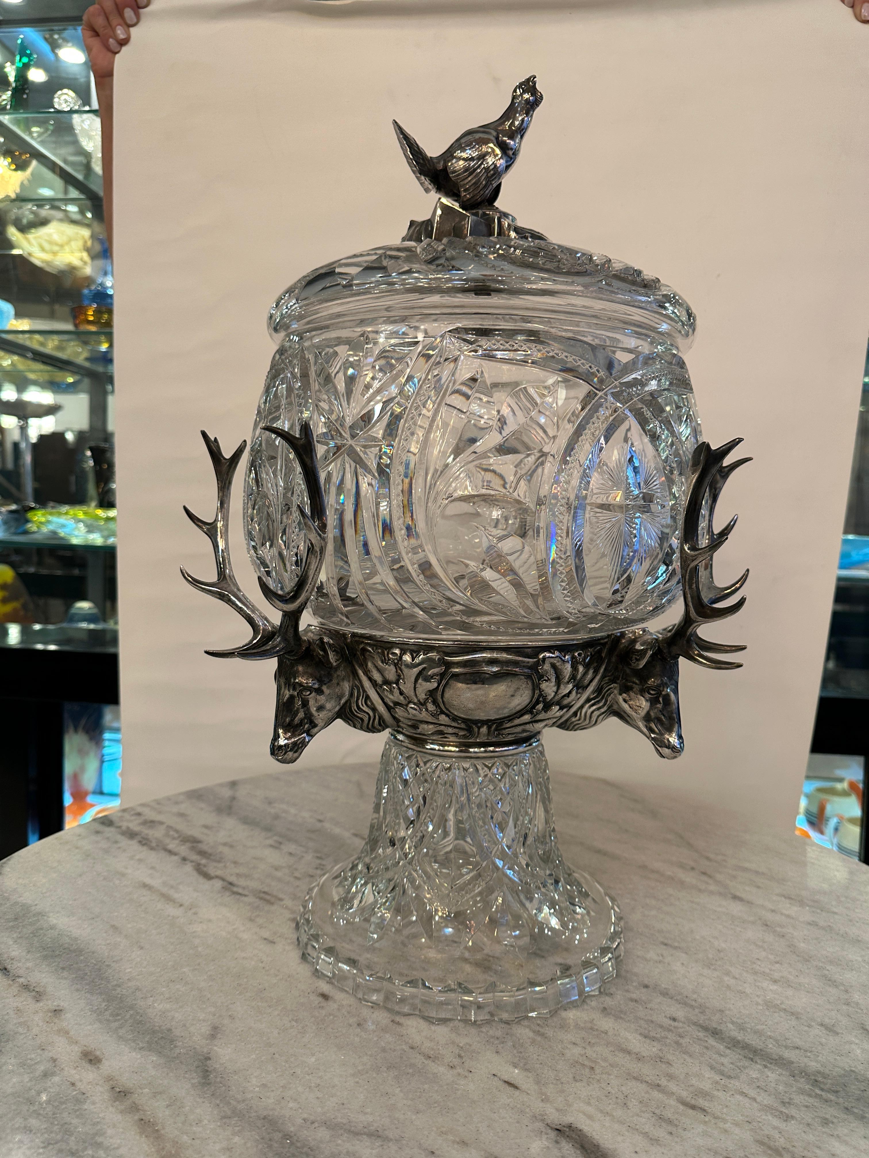 Metal Punch Bowl with Deer Style and peacock , Jugendstil, Art Nouveau, Liberty, 1910 For Sale