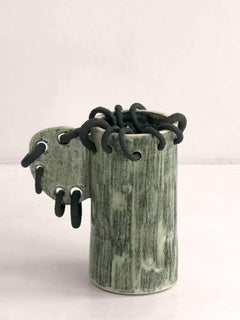 Punk Drawn By Kalou Dubus, Pierced Stoneware Vase, White Rim, Green Glaze