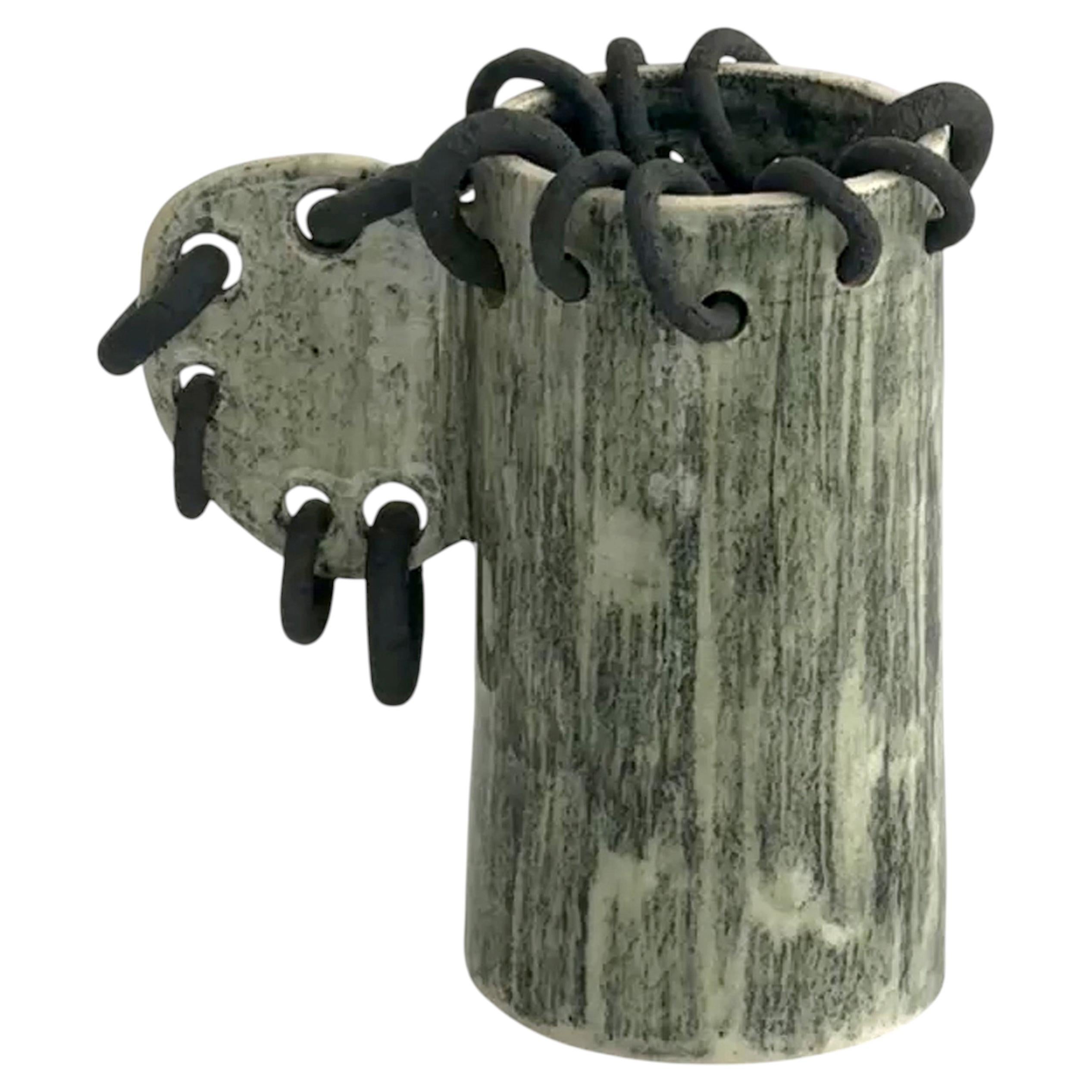Punk Drawn By Kalou Dubus, Pierced Stoneware Vase, White Rim, Green Glaze For Sale