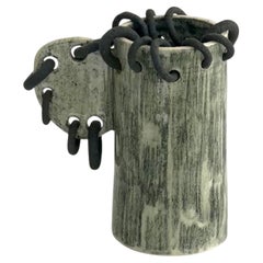 Punk Drawn By Kalou Dubus, Pierced Stoneware Vase, White Rim, Green Glaze
