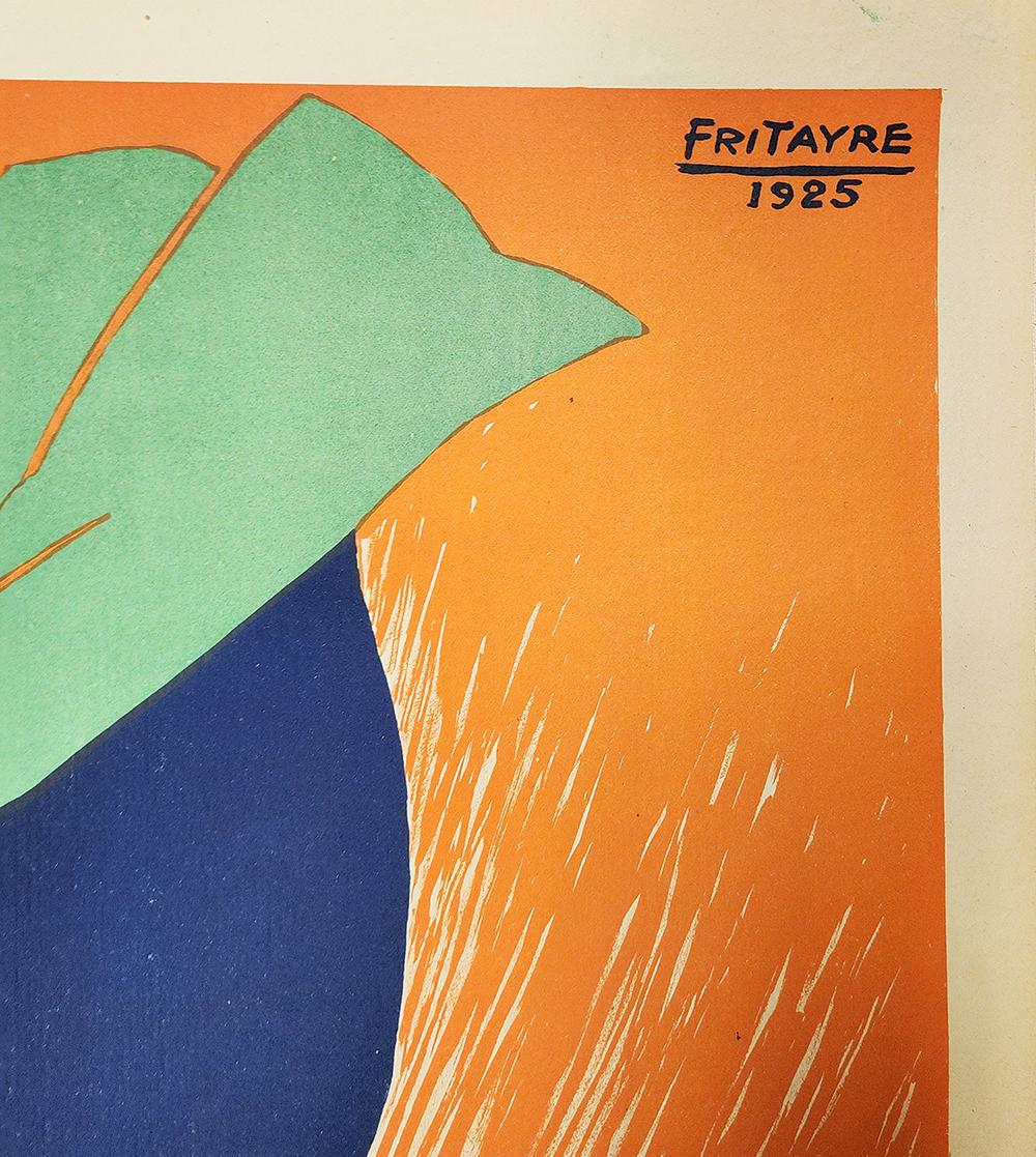 Cycles Onyx by Fritayre Originale 1925 Vintage French Bicycle Company Stone Lithograph Poster Linen Backed. Donna con mantello blu e verde in bicicletta sulla cima di una montagna con il tramonto alle spalle.

Artista: Fritayre
Titolo: Cicli