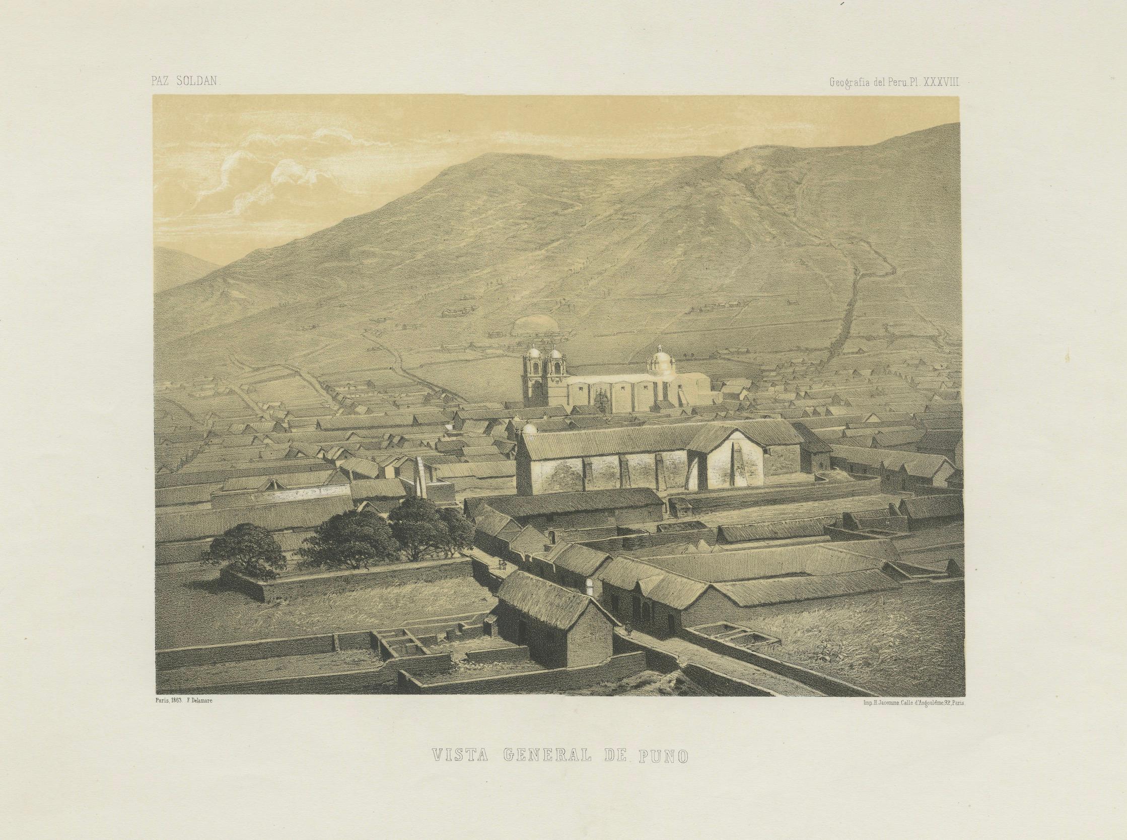 Puno Peru Antique City View Lithograph – Panoramic Scene c.1865 For Sale 5