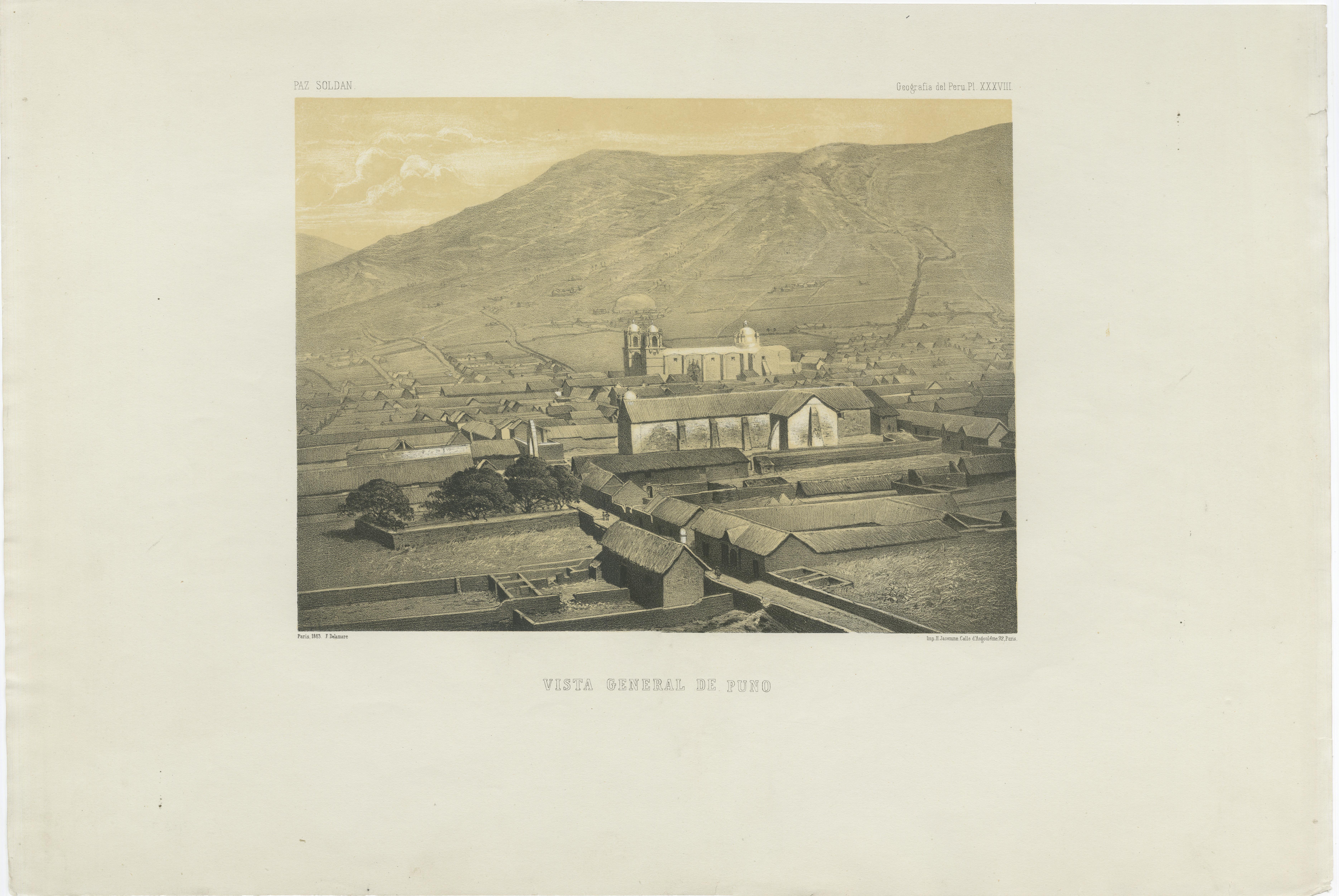 Puno Peru Antique City View Lithograph – Panoramic Scene c.1865 For Sale 6