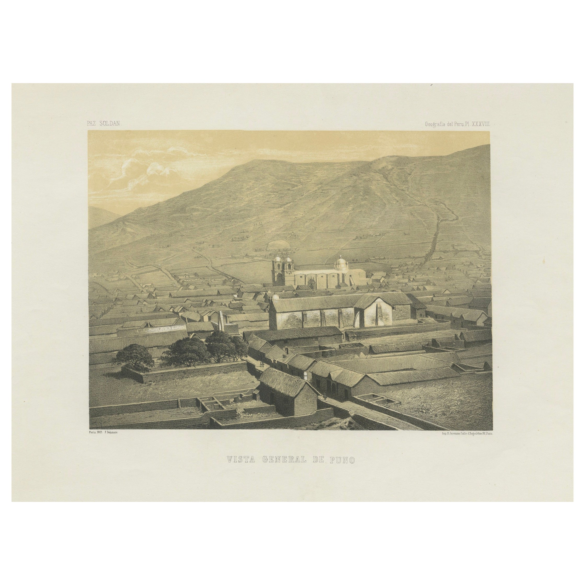 Puno Peru Antique City View Lithograph – Panoramic Scene c.1865