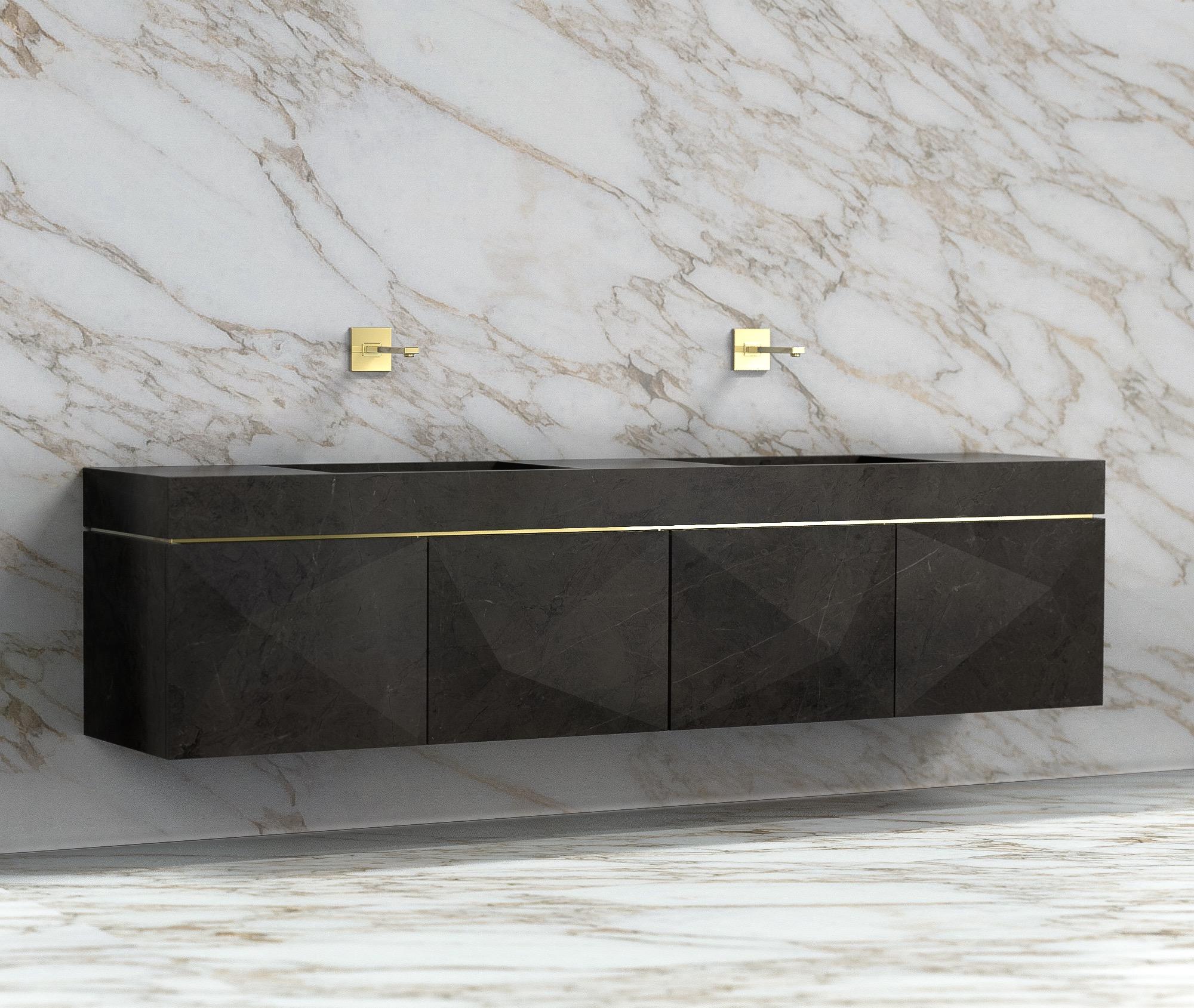 PuntaDue cabinet by Marmi Serafini
Materials: Nero Marquinia marble, brass.
Dimensions: D 50 x W 240 x H 60 cm (wall version)
Available in other marbles and in freestanding or wall versions.

Sharp but at the same time delicate marble cuts make the