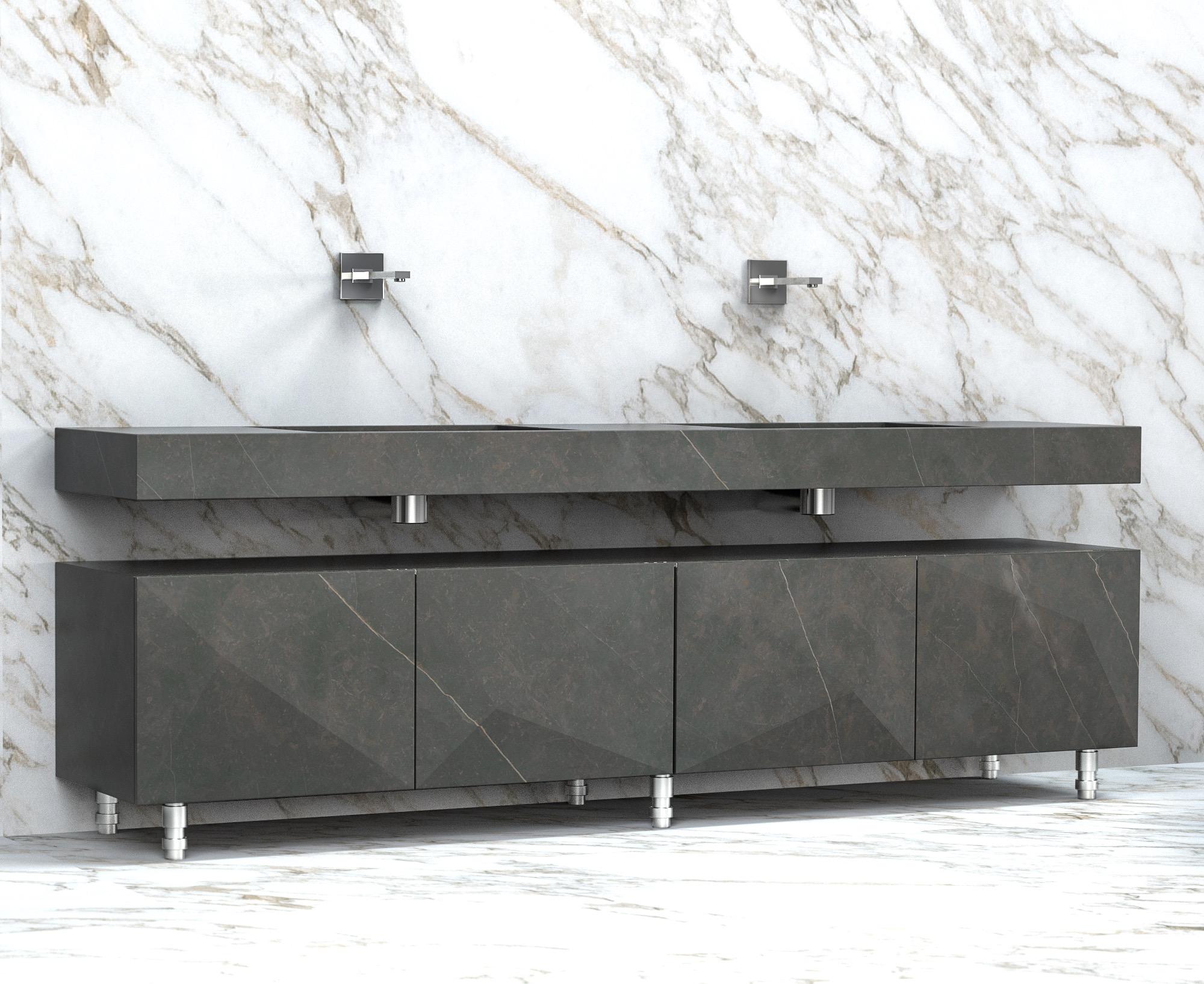 PuntaDue washbasin and cabinet II by Marmi Serafini
Materials: Nero Marquinia marble, metal.
Dimensions: D 50 x W 240 x H 85 cm (freestanding version)
Available in other marbles and in freestanding or wall versions.

Sharp but at the same time