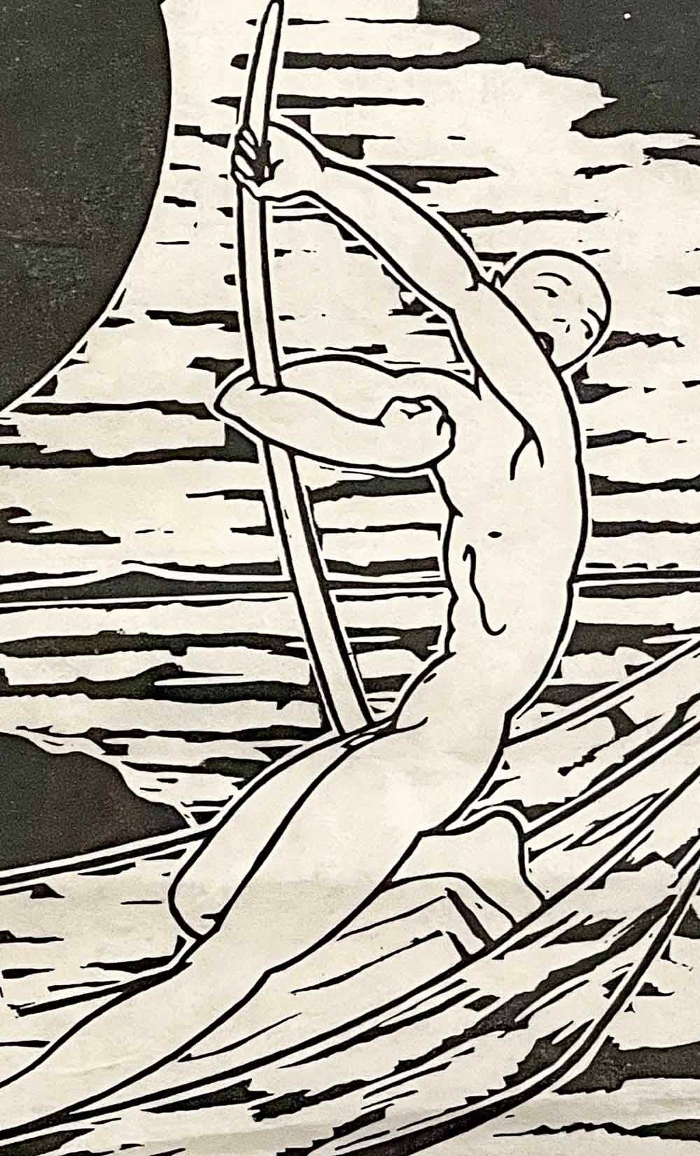 This rare and striking woodcut print by Robert Pajer-Gartegen, an Austrian artist, depicts a nude male figure in a slender wood boat, using a long pole to move forward in the moonlight.  The image is both atmospheric and sensual, demonstrating the