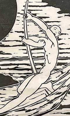 "Punting in Moonlight", Rare Art Deco Woodcut Print by Pajer-Gartegen