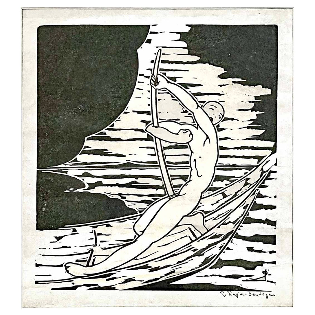 Seltener Art-Déco-Holzdruck „Punting in Moonlight“ von Pajer-Gartegen im Angebot