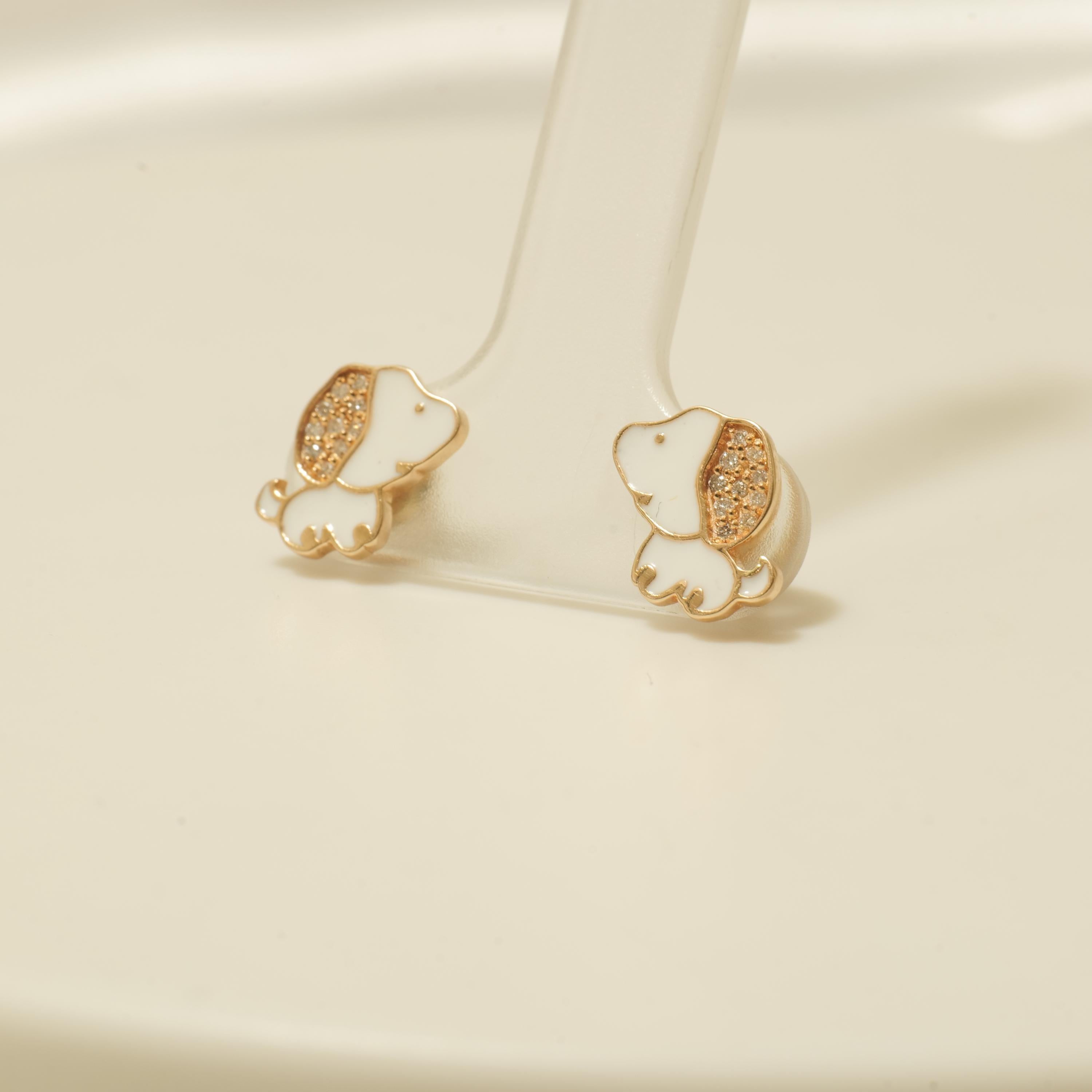 Art Deco Puppy Diamond Kids Stud Earrings in 14k Solid Gold (Certified) For Sale