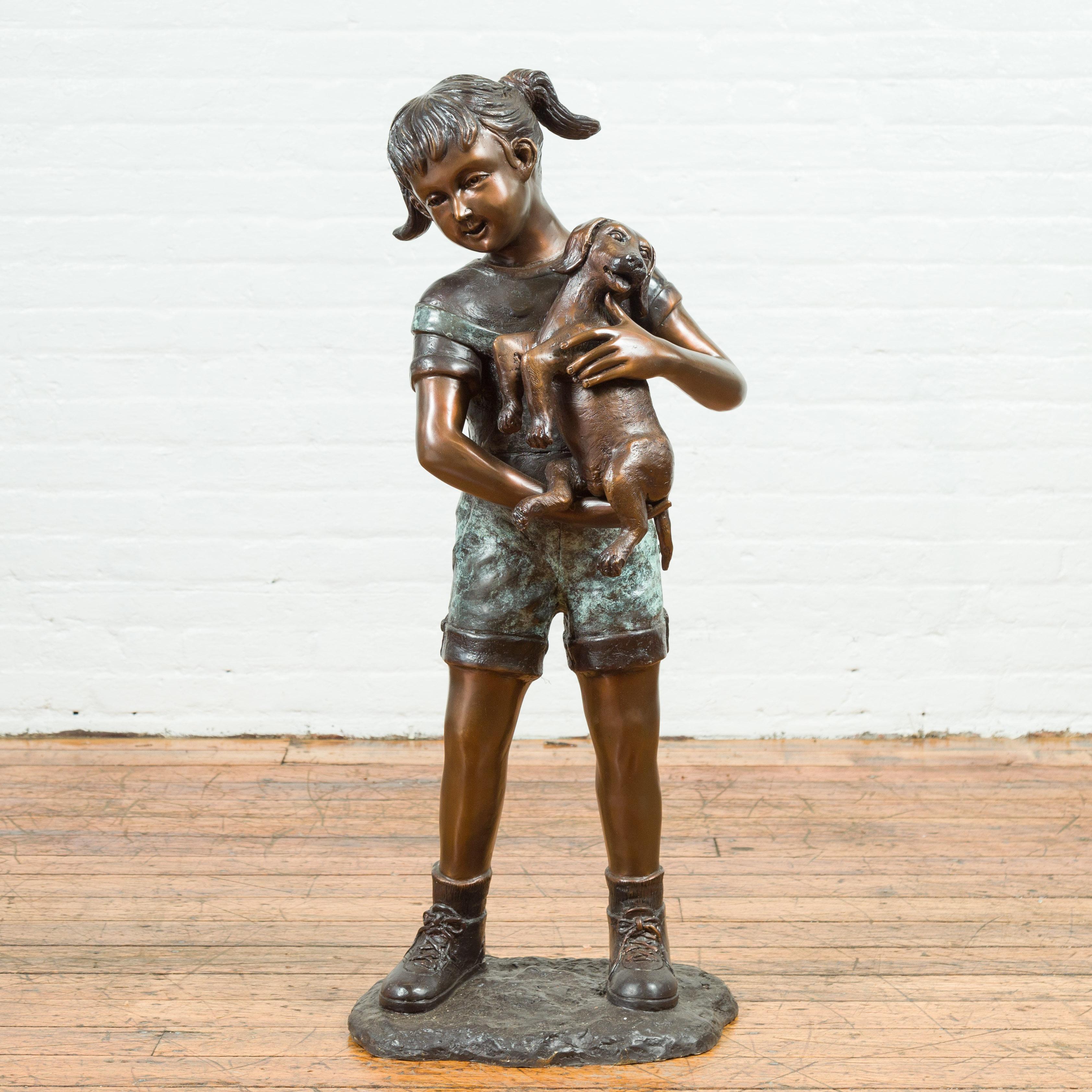 Puppy Kisses, Contemporary Bronze Cast Statue of a Little Girl Holding Her Puppy For Sale 7