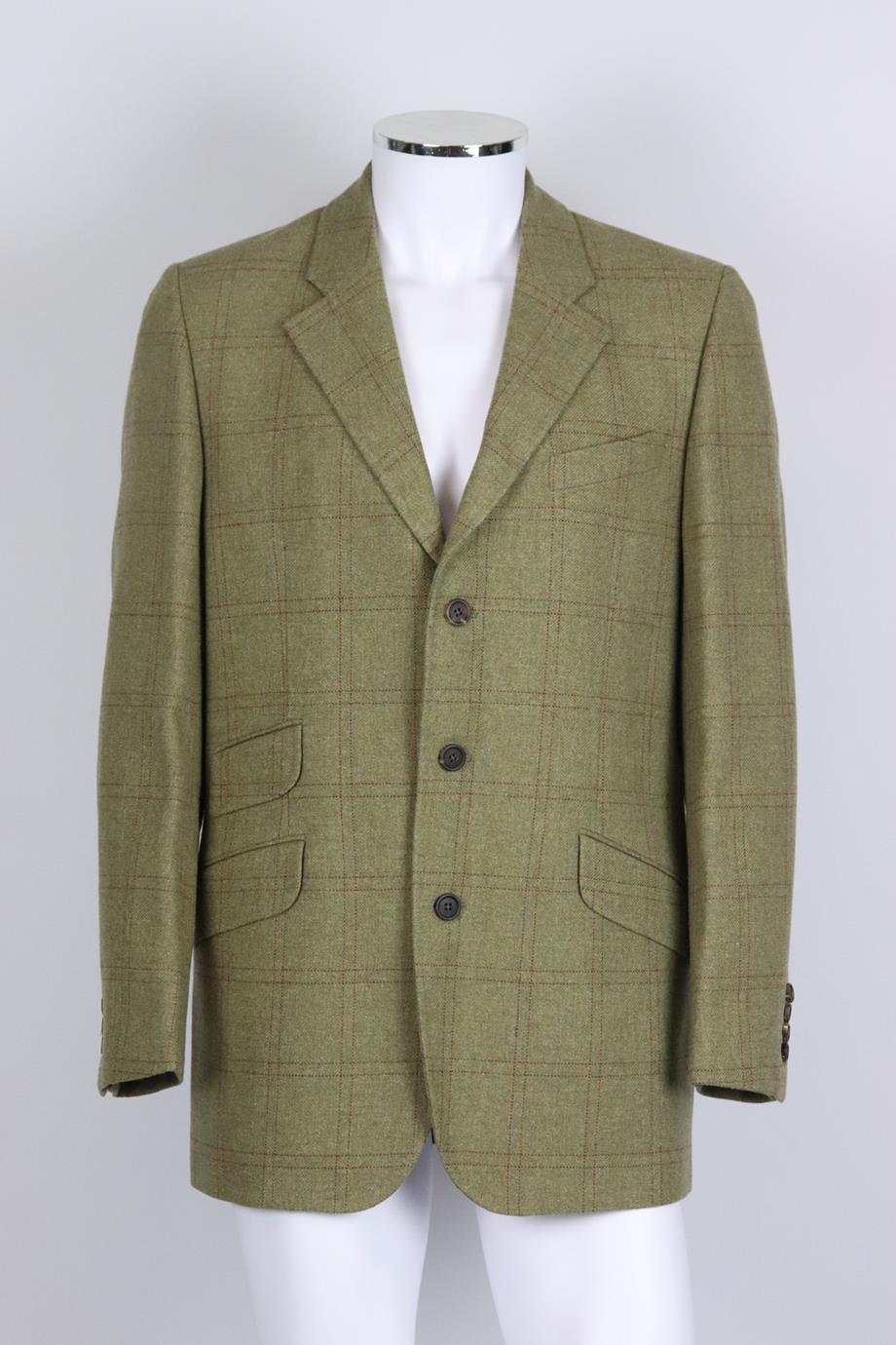Purdey men's checked wool blend tweed blazer. Green and red. Long sleeve, v-neck. Button fastening at front. 100% Wool; lining: 100% viscose. Size: UK/US Chest 42 (Large, IT 52, EU 52). Shoulder to shoulder: 17.5 in. Chest: 44 in. Waist: 41 in.