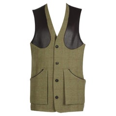 Purdey Men's Leather Trimmed Checked Wool Blend Tweed Vest Xlarge