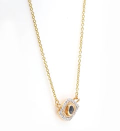 Pure 14k Yellow Gold Diamond Sapphire Evil Eye Chain Necklace, Christmas Gift
