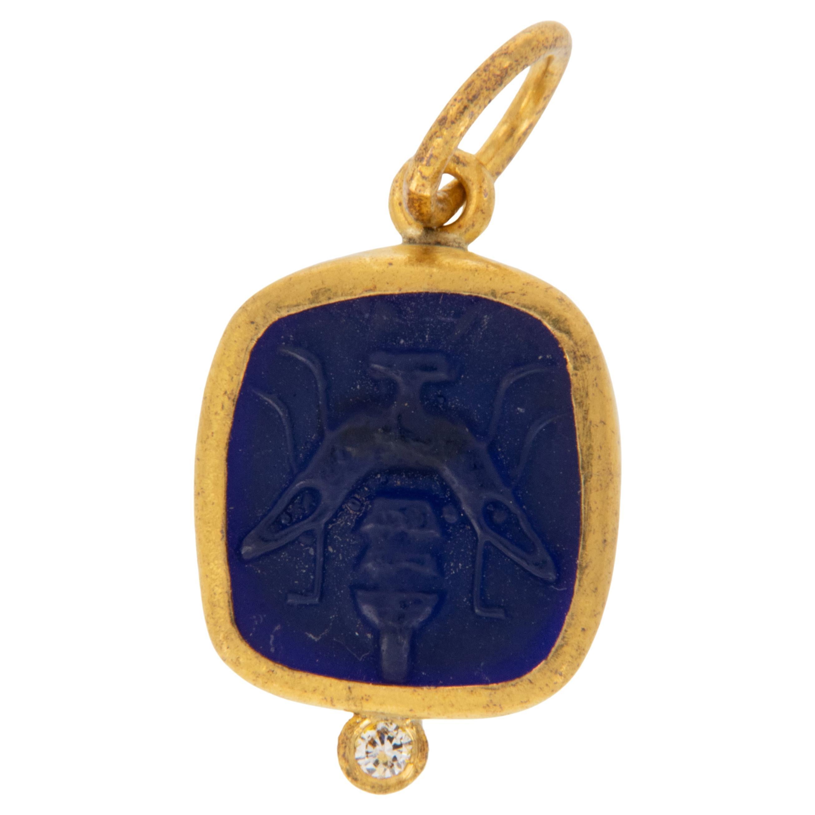 Pure 24 Karat Yellow Gold and Silver Replica Blue Glass Bee Pendant Charm For Sale